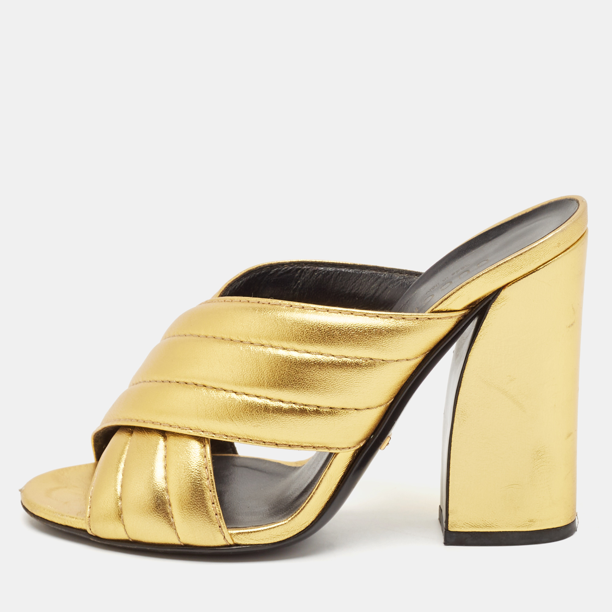 

Gucci Metallic Gold Leather Webby Slide Sandals Size