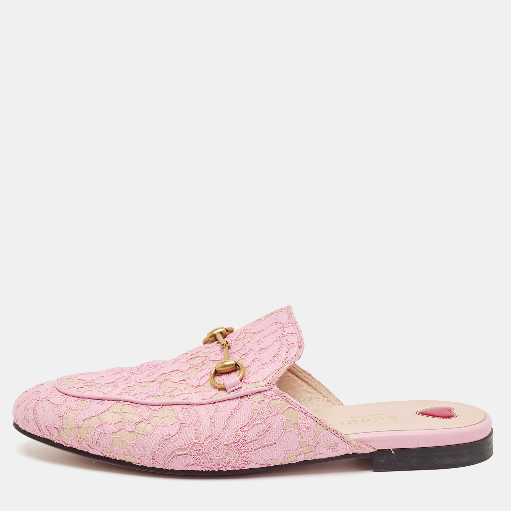 

Gucci Pink Lace and Mesh Princetown Flat Mules Size