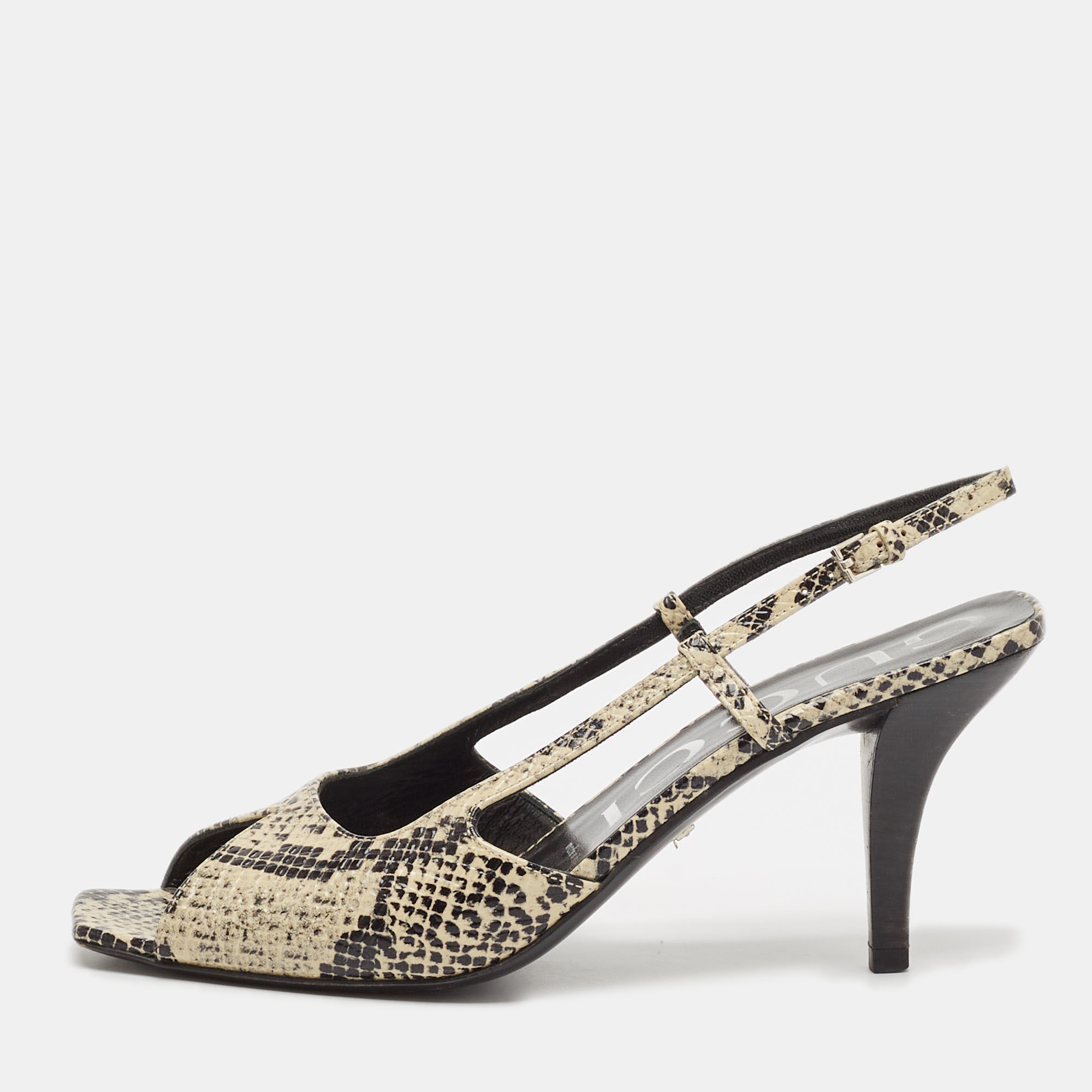 

Gucci Black/Cream Snakeskin Embossed Leather Slingback Sandals Size