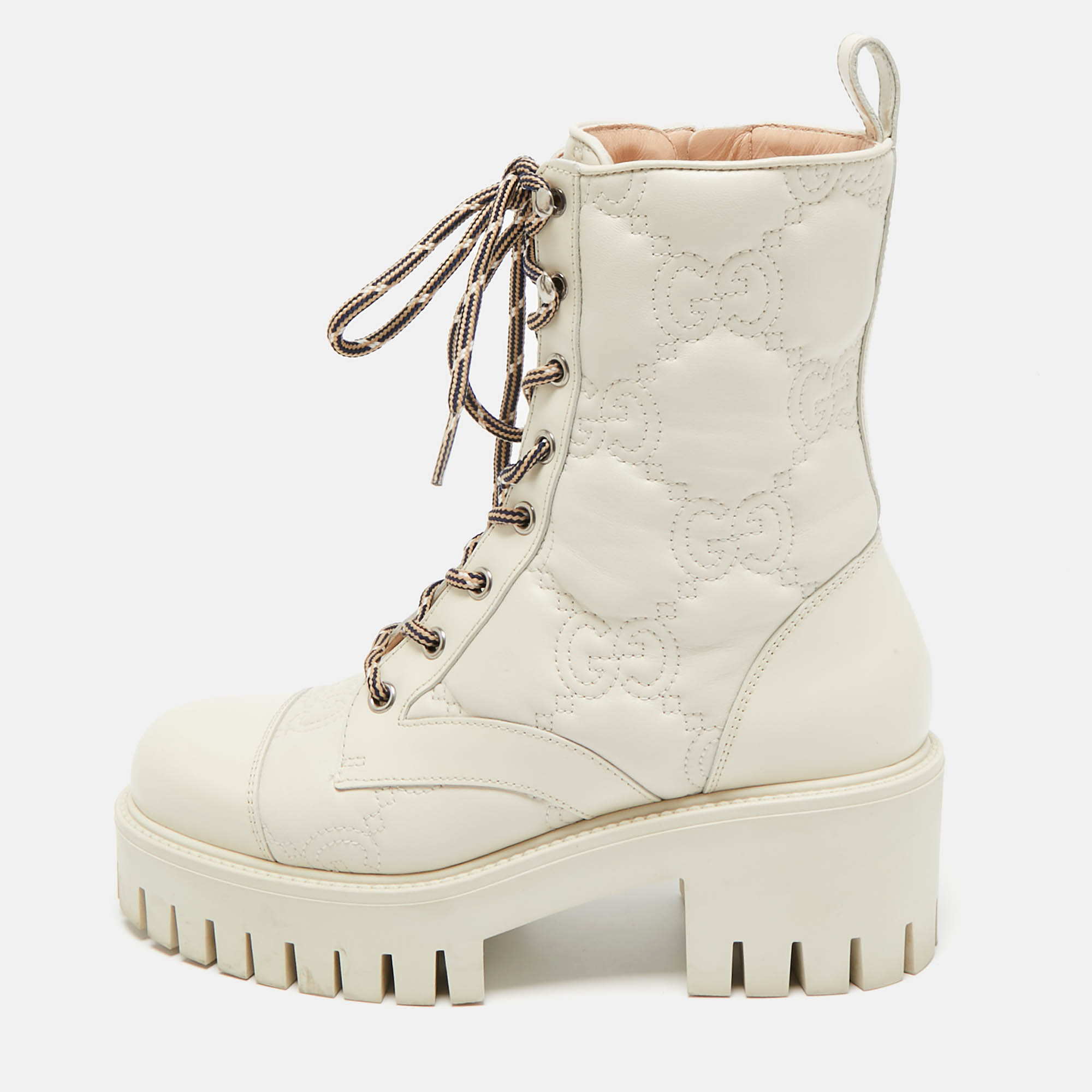 

Gucci Cream Leather GG Matelassé Combat Ankle Boots Size