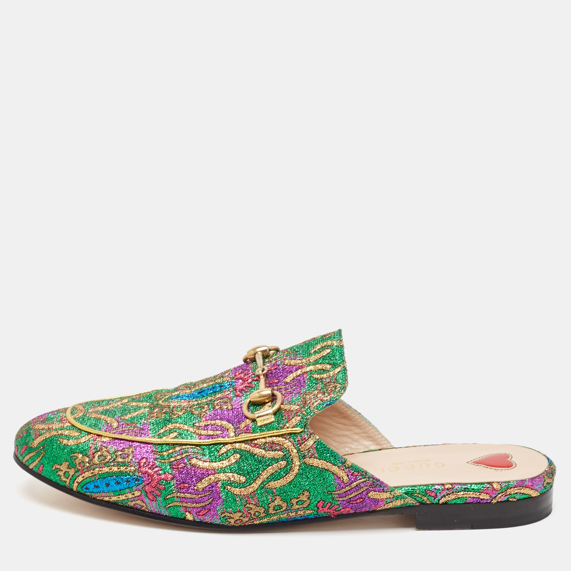 

Gucci Green Brocade Fabric Horsebit Princetown Flat Mules Size