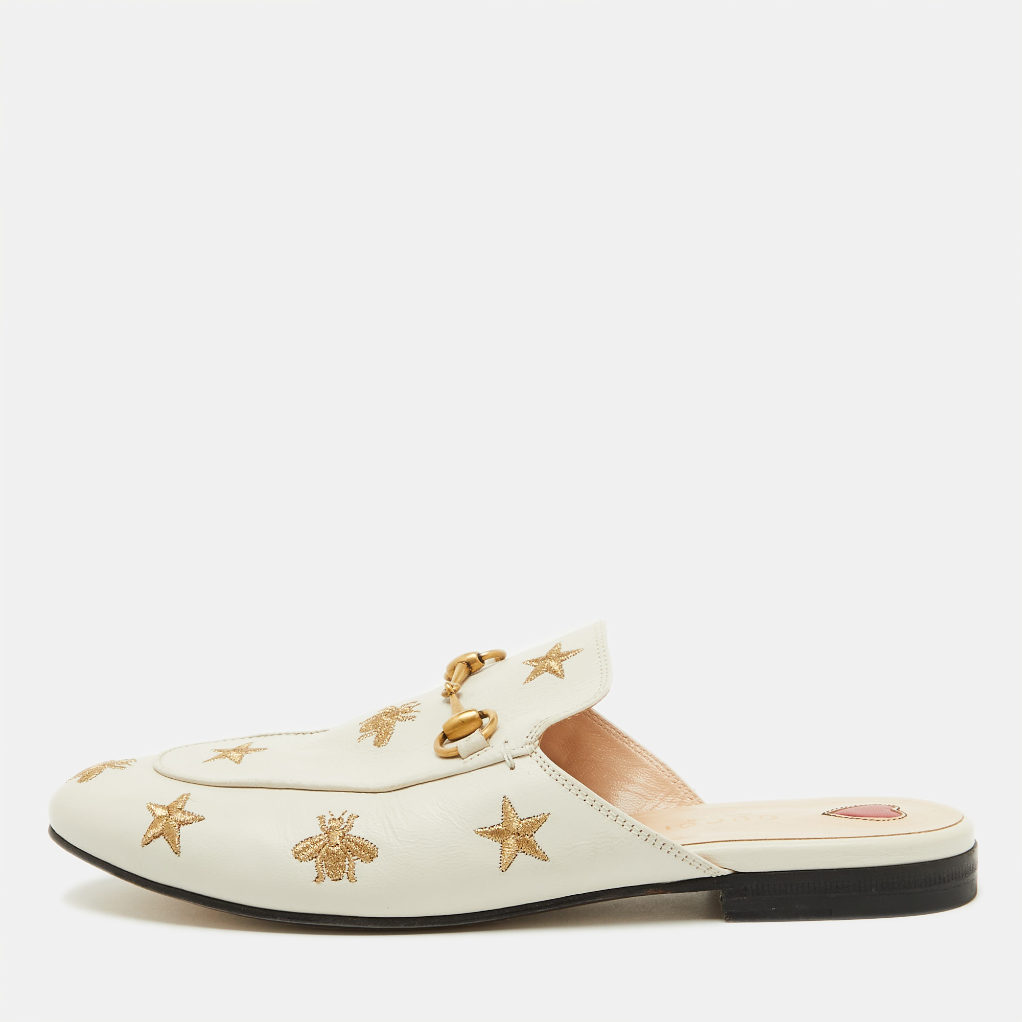 

Gucci White Leather Bee and Star Embroidered Princetown Flat Mules Size