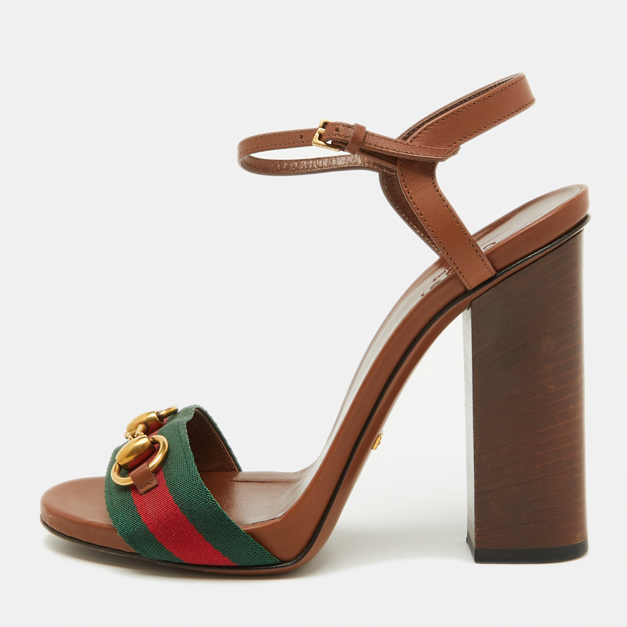 

Gucci Brown Leather and Web Tape Horsebit Ankle Strap Sandals Size