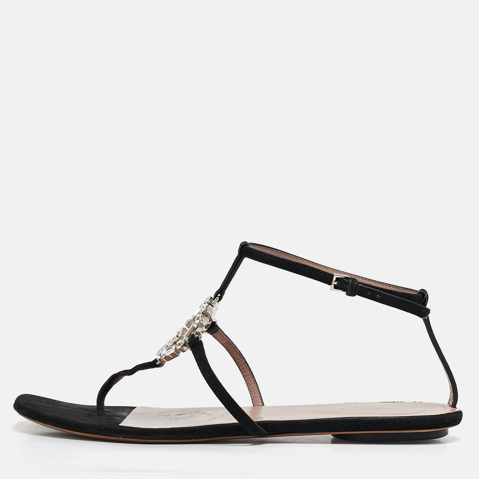 

Gucci Black Suede Crystal Embellished Flat Sandals Size