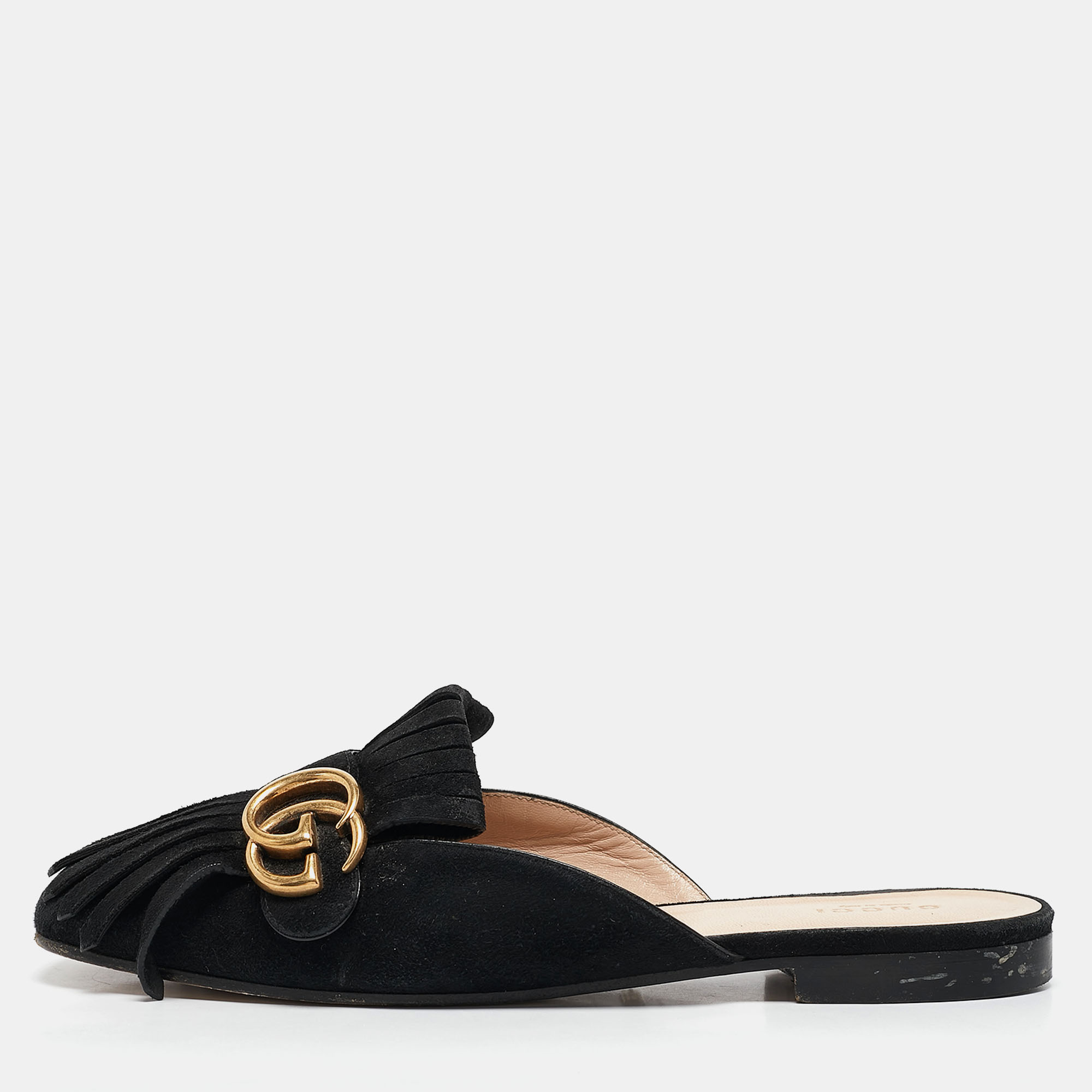 

Gucci Black Suede GG Marmont Fringe Flat Mules Size