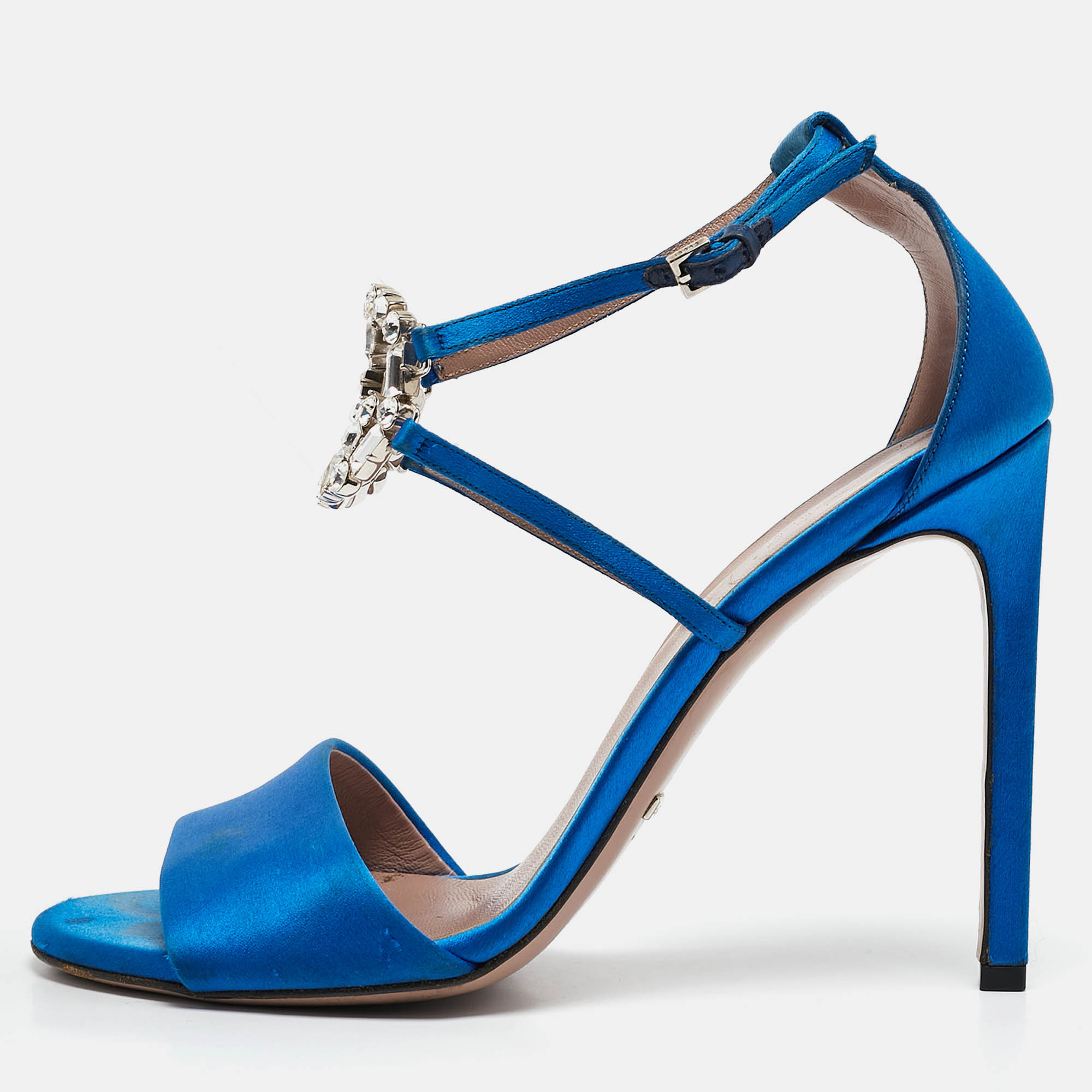 

Gucci Blue Satin Crystal Embellished Interlocking G Ankle Strap Sandals Size