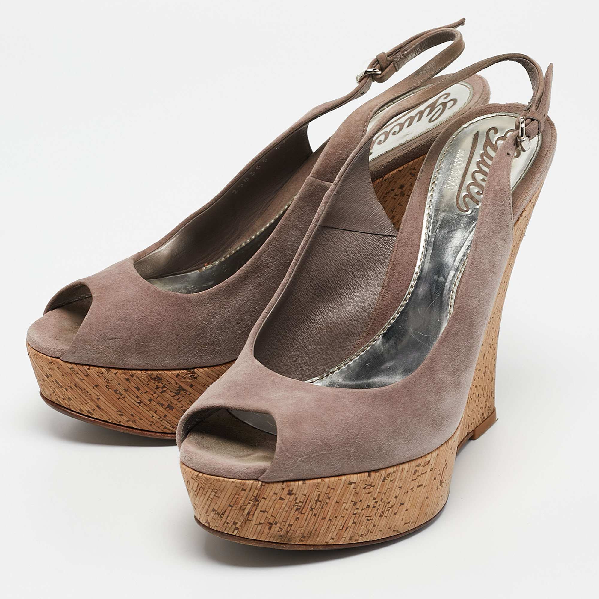 Gucci Mauve Suede Cork Wedge Sandals Size 38 