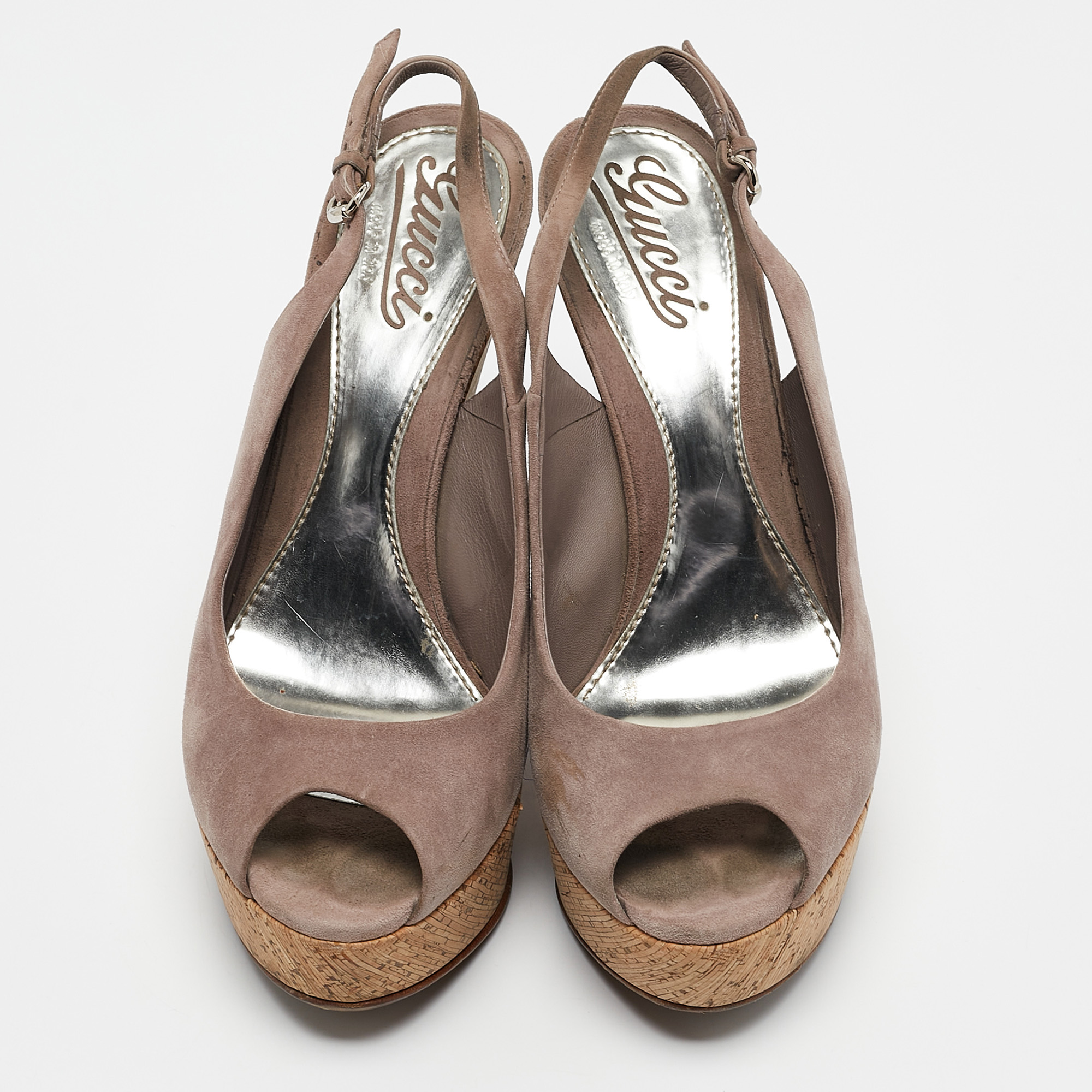 Gucci Mauve Suede Cork Wedge Sandals Size 38 