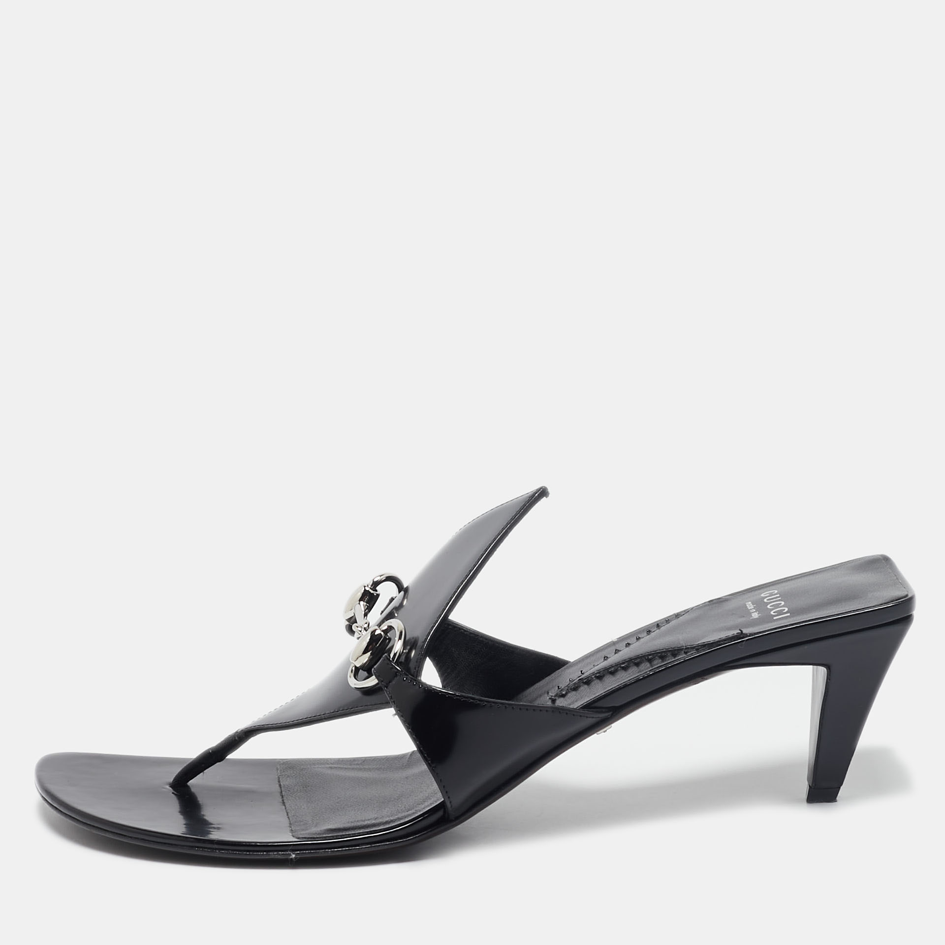 

Gucci Black Leather Horsebit Block Heel Slide Sandals Size