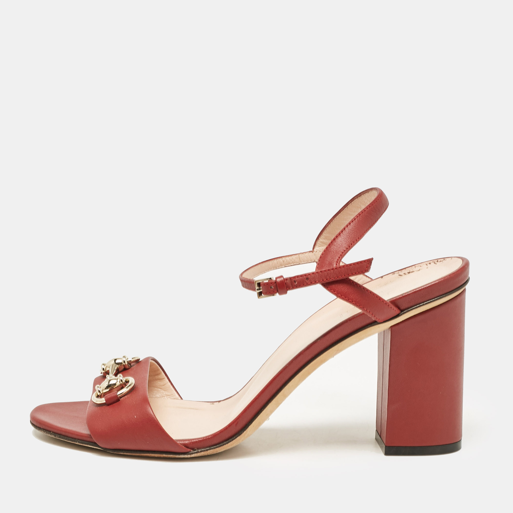 

Gucci Red Leather Claudie Ankle Strap Sandals Size