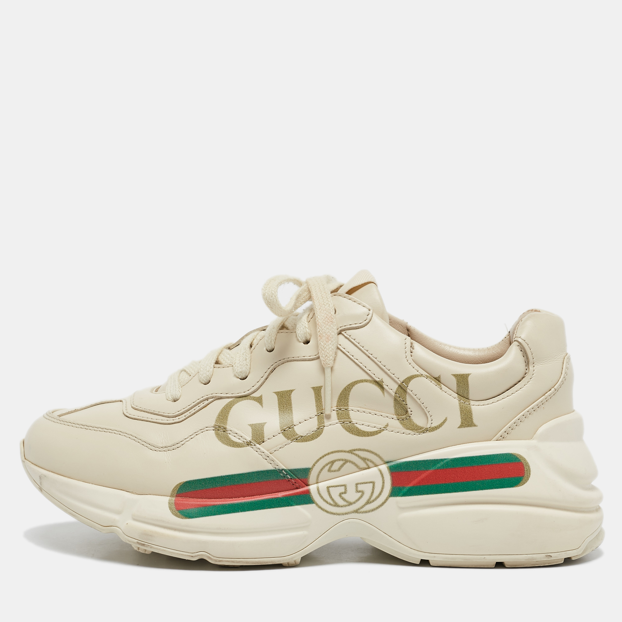 

Gucci Cream Leather Rhyton Lace Up Sneakers Size