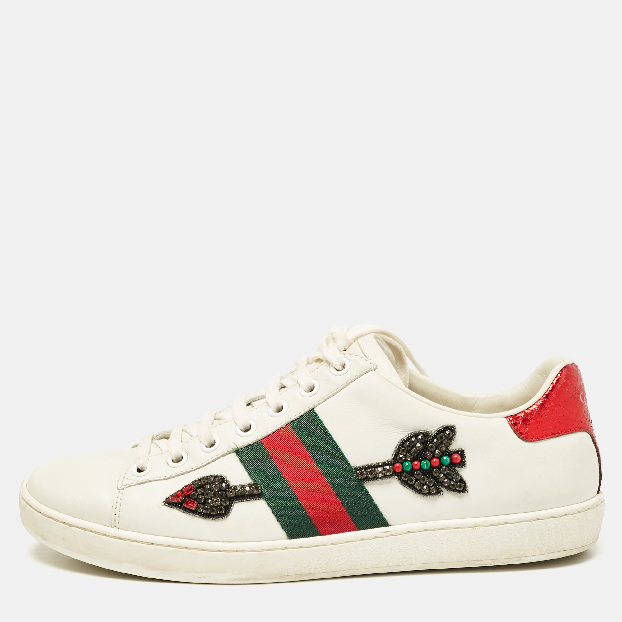 

Gucci White Leather and Snakeskin Embossed Leather Ace Lace Up Sneakers Size