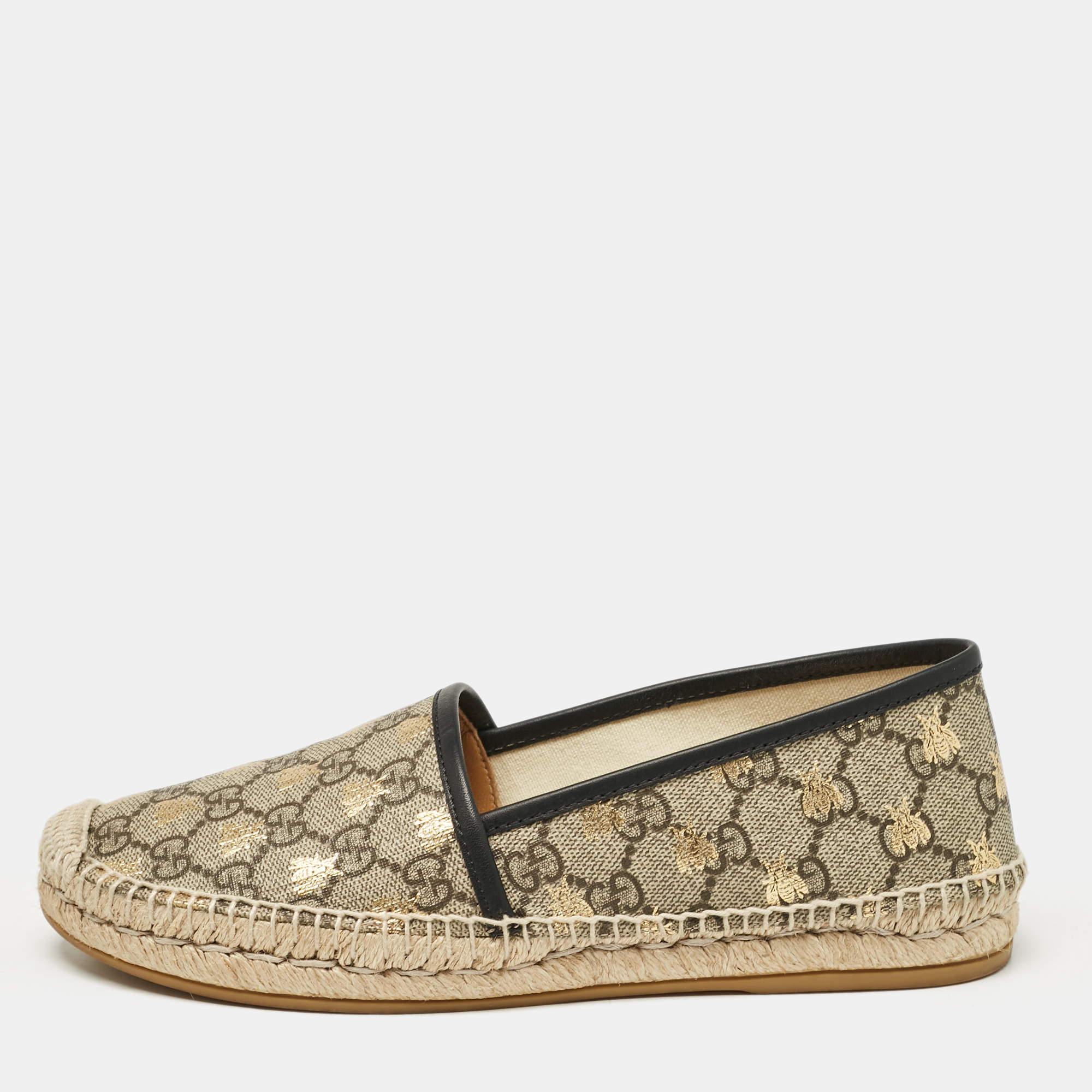 

Gucci Beige/Brown GG Supreme Canvas Bee Print Espadrille Flats Size