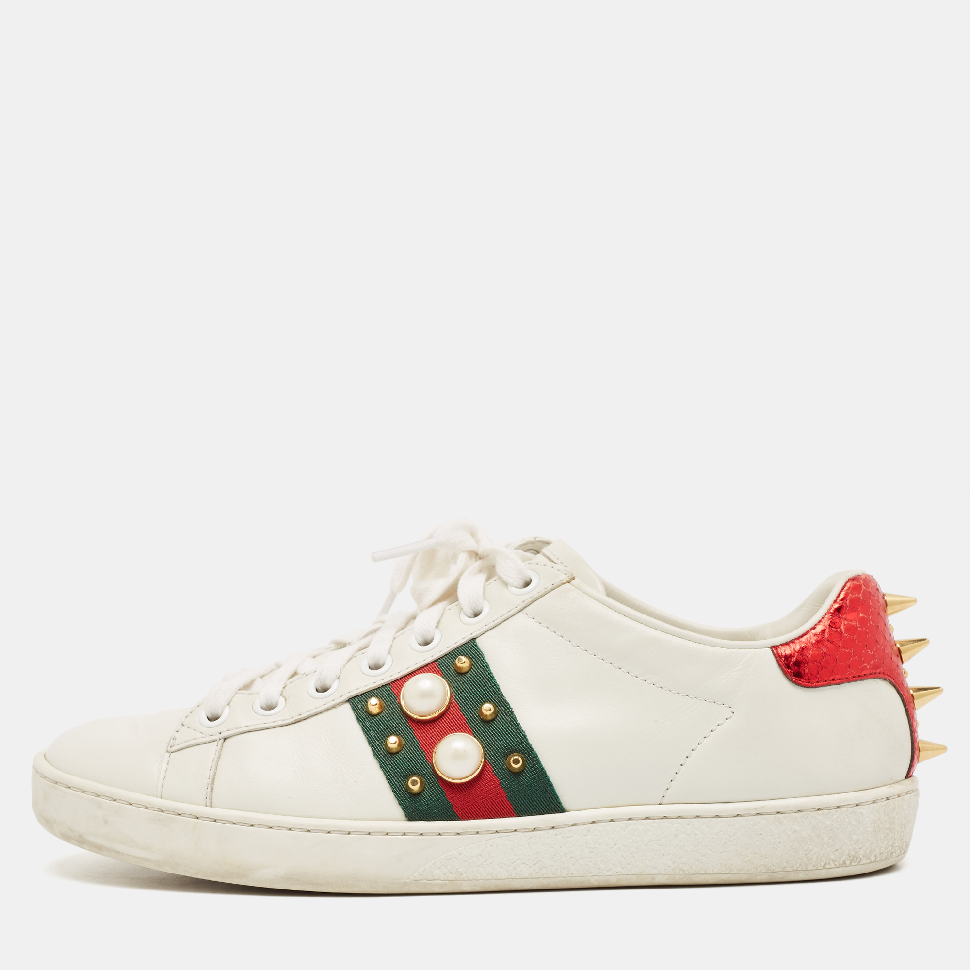 

Gucci White Leather Faux Pearl and Spikes Embellished Ace Low Top Sneakers Size