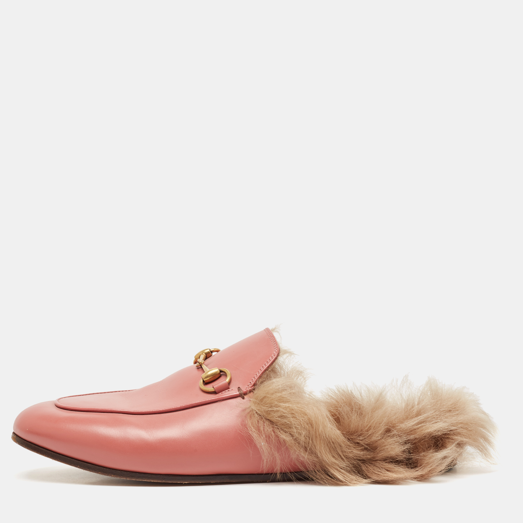 

Gucci Pink Leather and Fur Princetown Mules Size