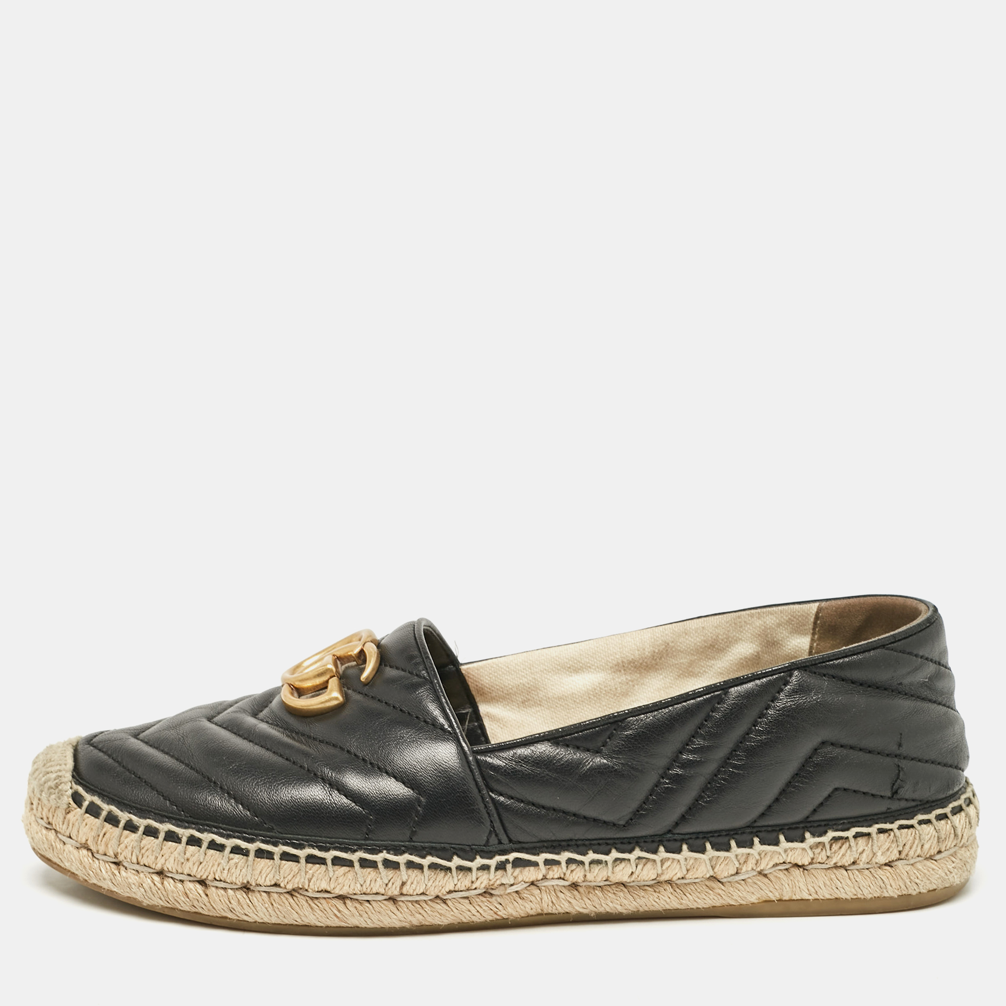 

Gucci Black Matelassé Leather GG Marmont Espadrille Flats Size