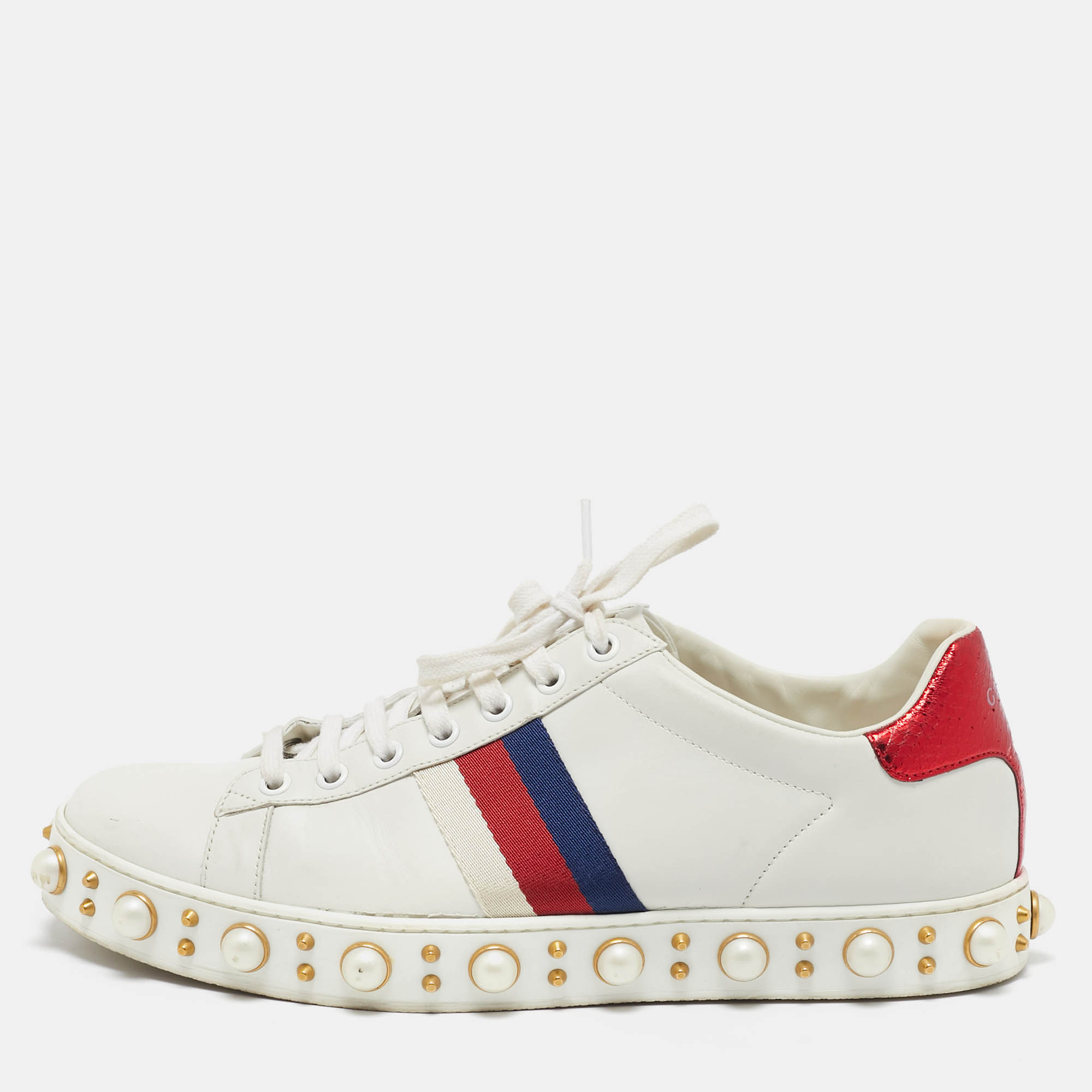 

Gucci White Leather and Snakeskin Embossed Leather Ace Lace Up Sneakers Size