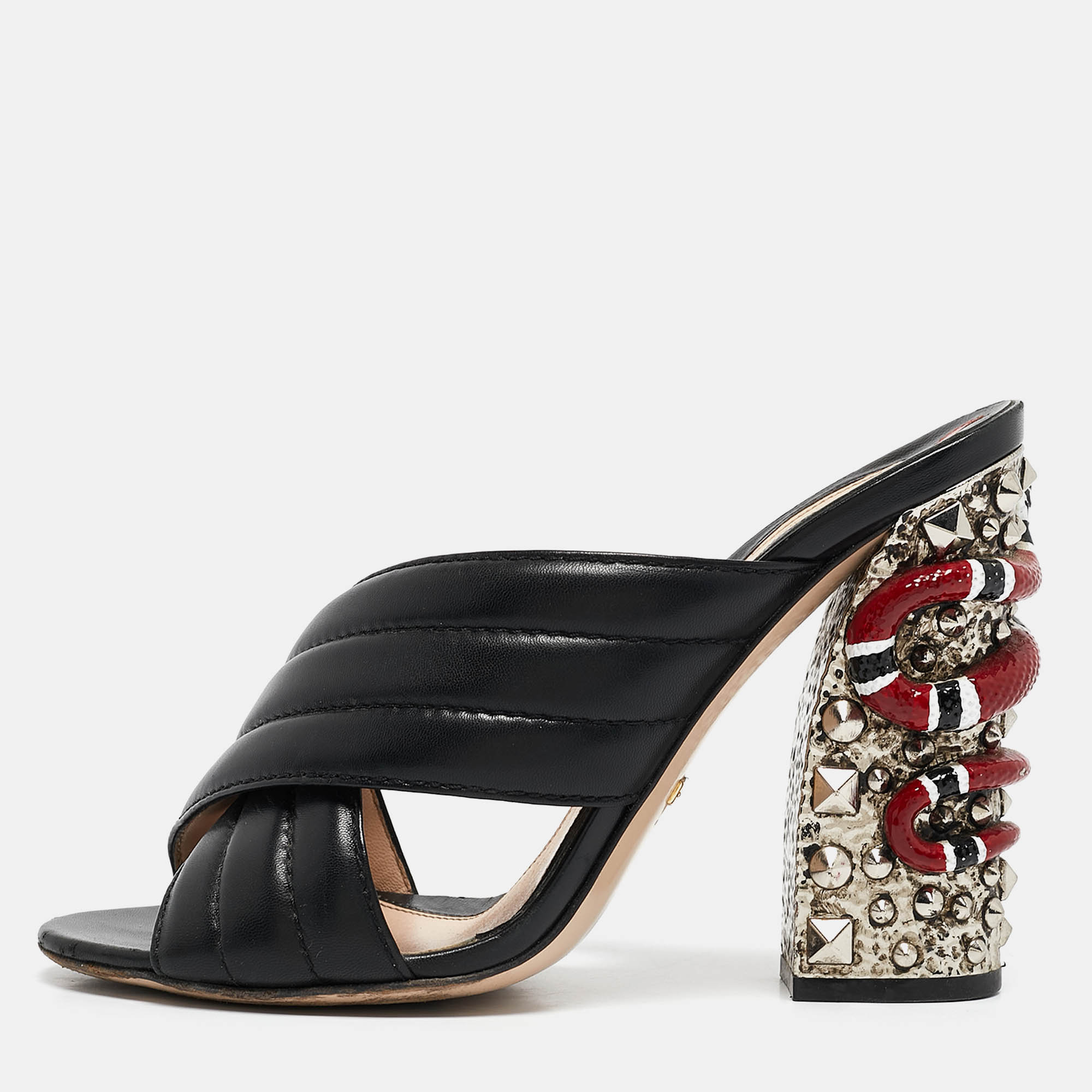 

Gucci Black Quilted Leather Snake Embellished Slide Sandals Size