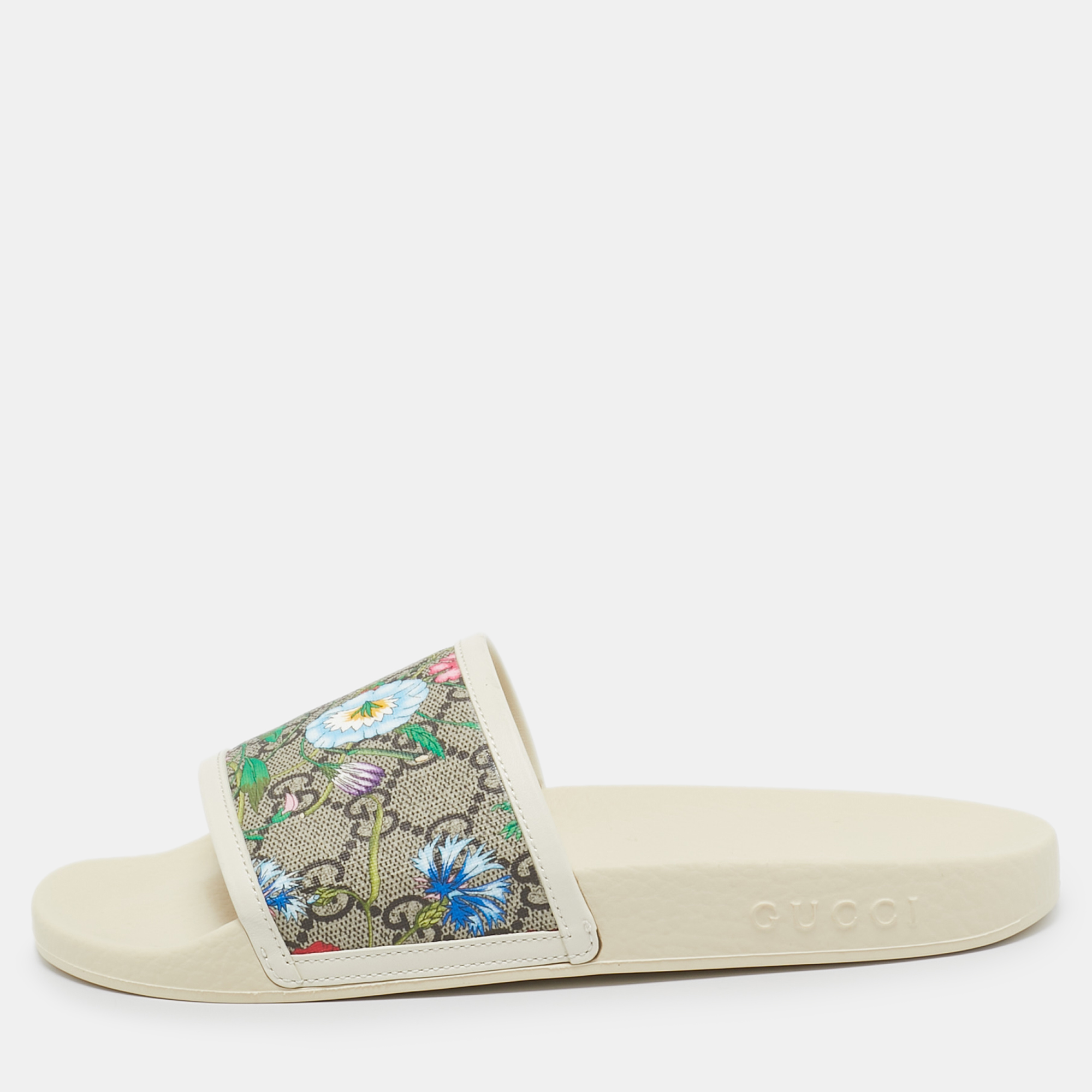 

Gucci Cream/Brown GG Supreme Canvas Blooms Flat Slides Size