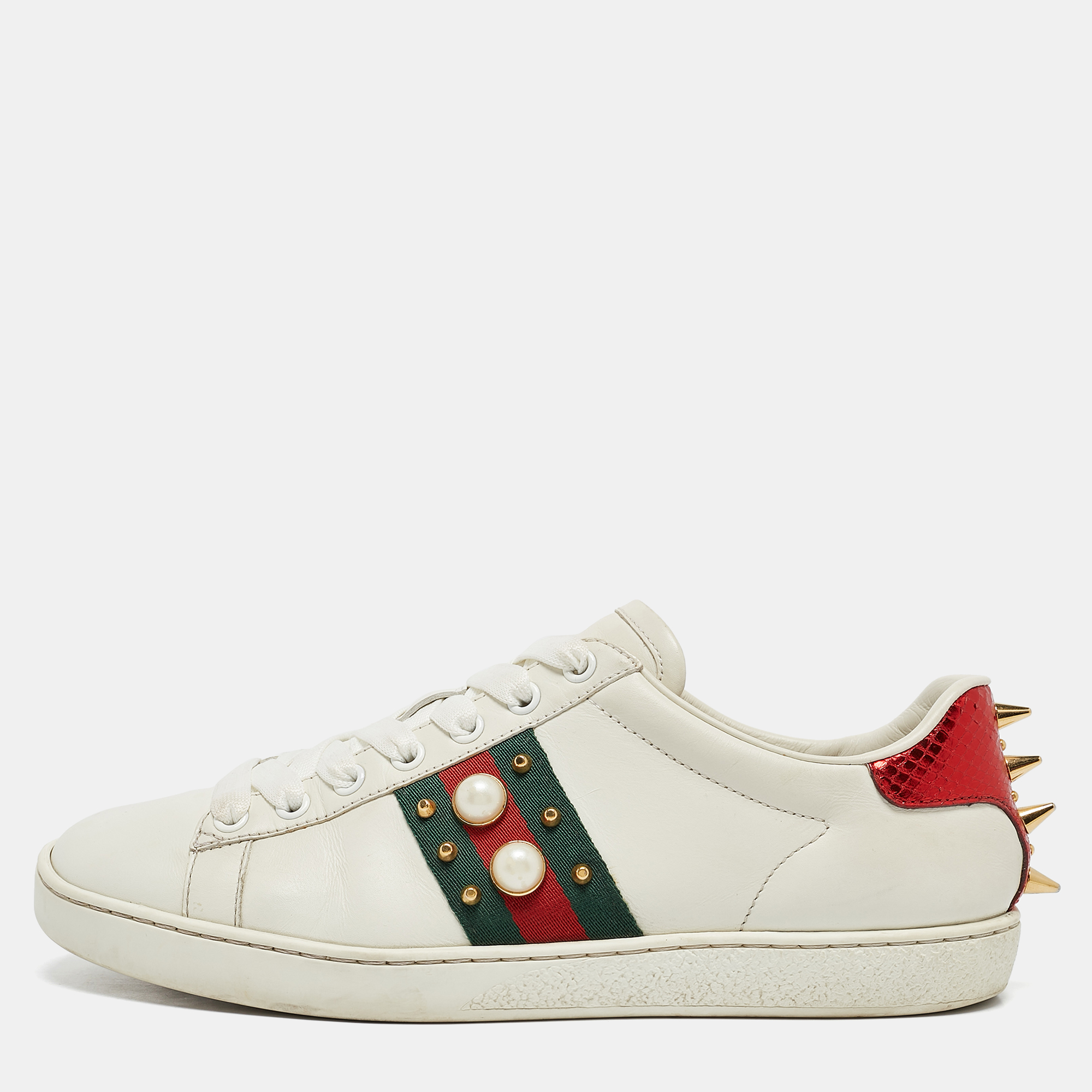 

Gucci White Leather Faux Pearl and Spikes Embellished Ace Low Top Sneakers Size