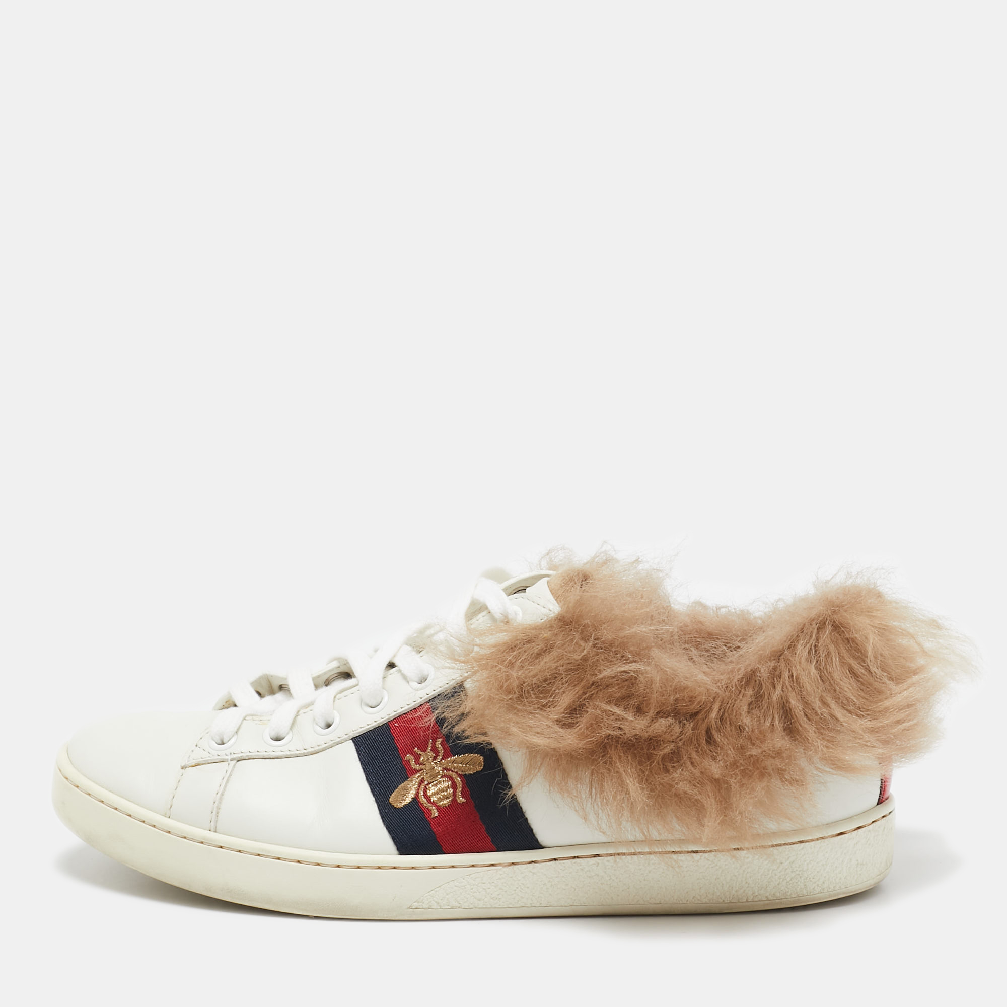 

Gucci White Leather and Fur Embroidered Bee Ace Sneakers Size