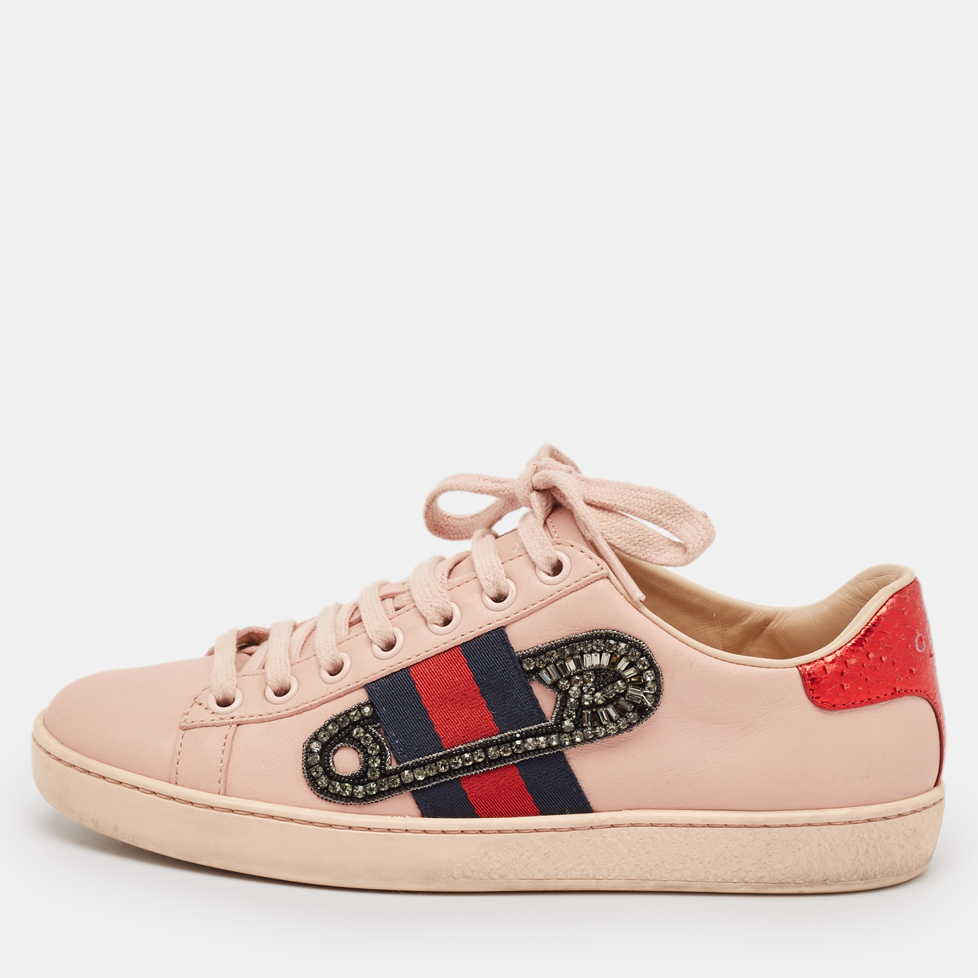 

Gucci Pink Leather Crystal Embellished 'Safety Pin' Ace Low Top Sneakers Size