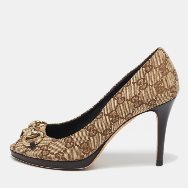 

Gucci Brown Canvas New Hollywood Peep Toe Pumps Size