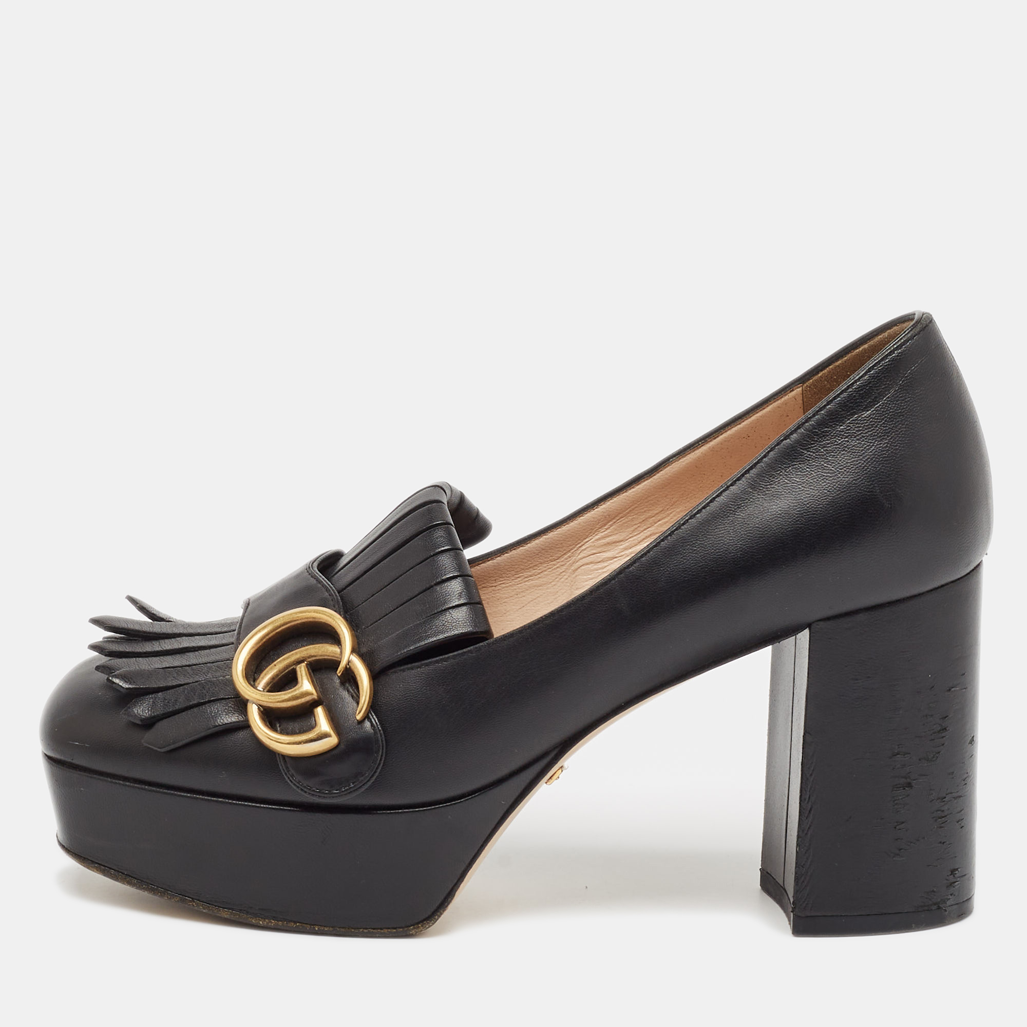 

Gucci Black Leather GG Marmont Fringed Platform Pumps Size