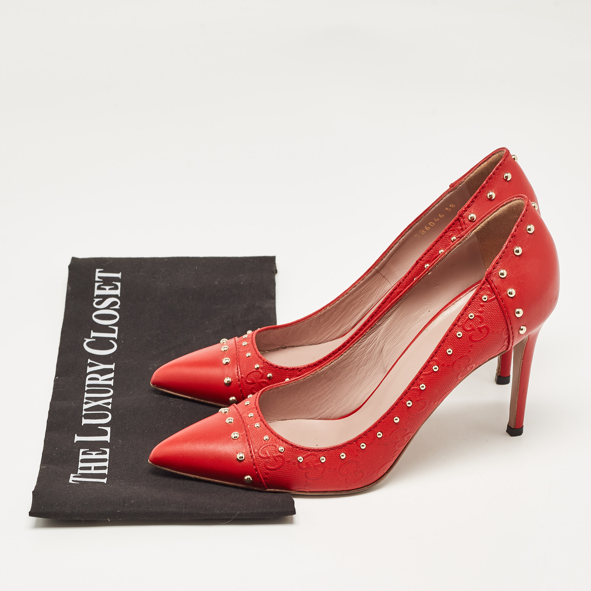Gucci Red Leather Studded Pointed Toe Pumps Size 38 