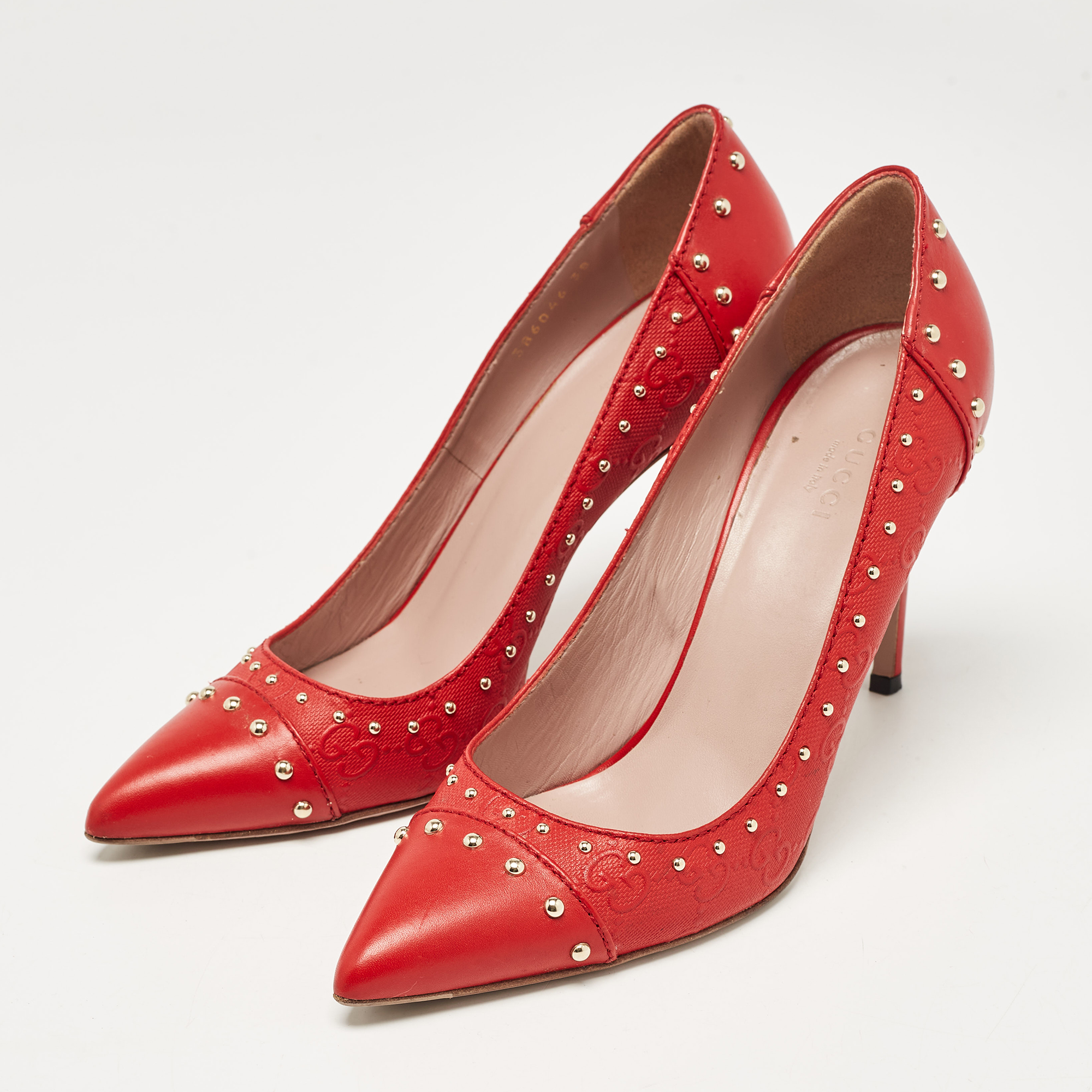 Gucci Red Leather Studded Pointed Toe Pumps Size 38 