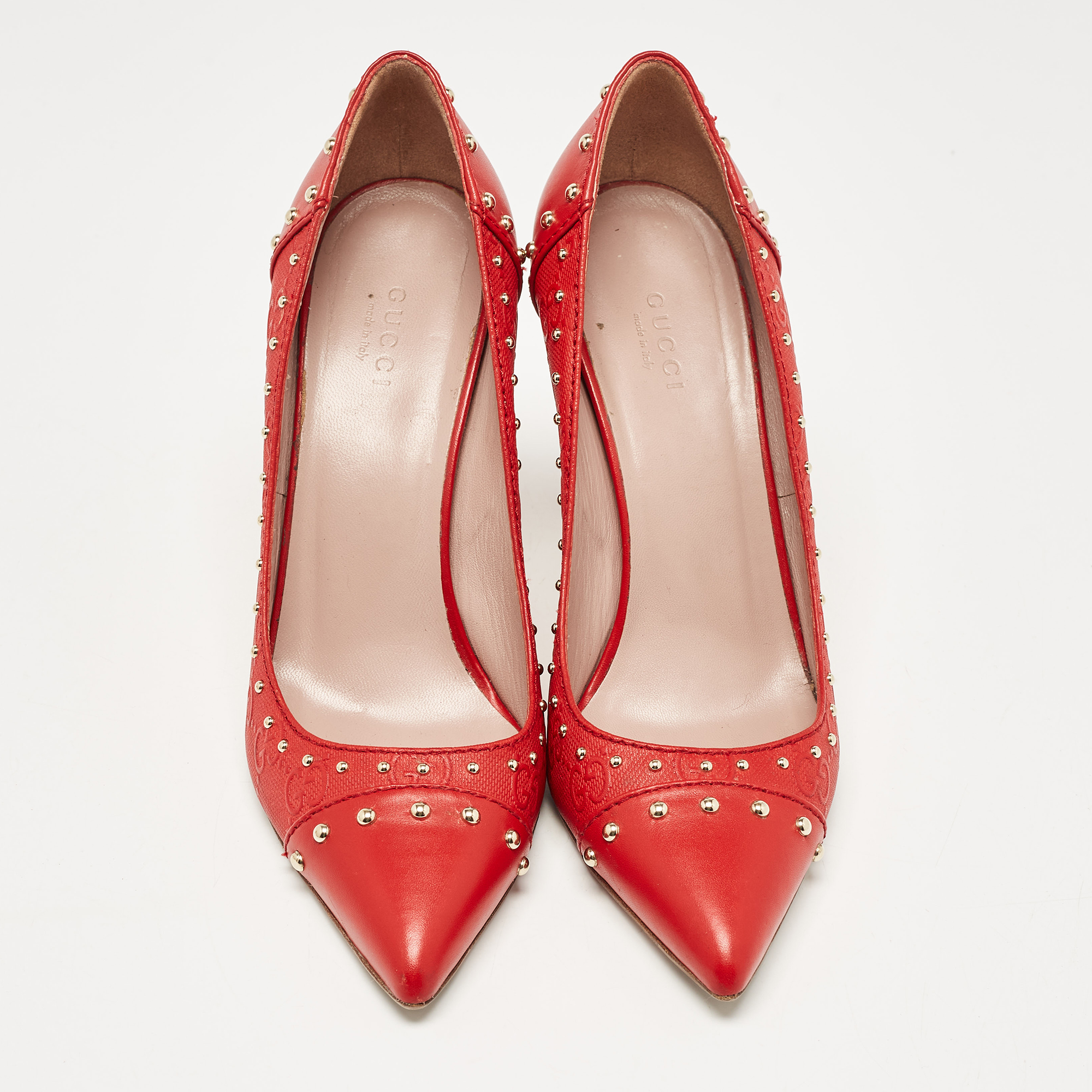 Gucci Red Leather Studded Pointed Toe Pumps Size 38 