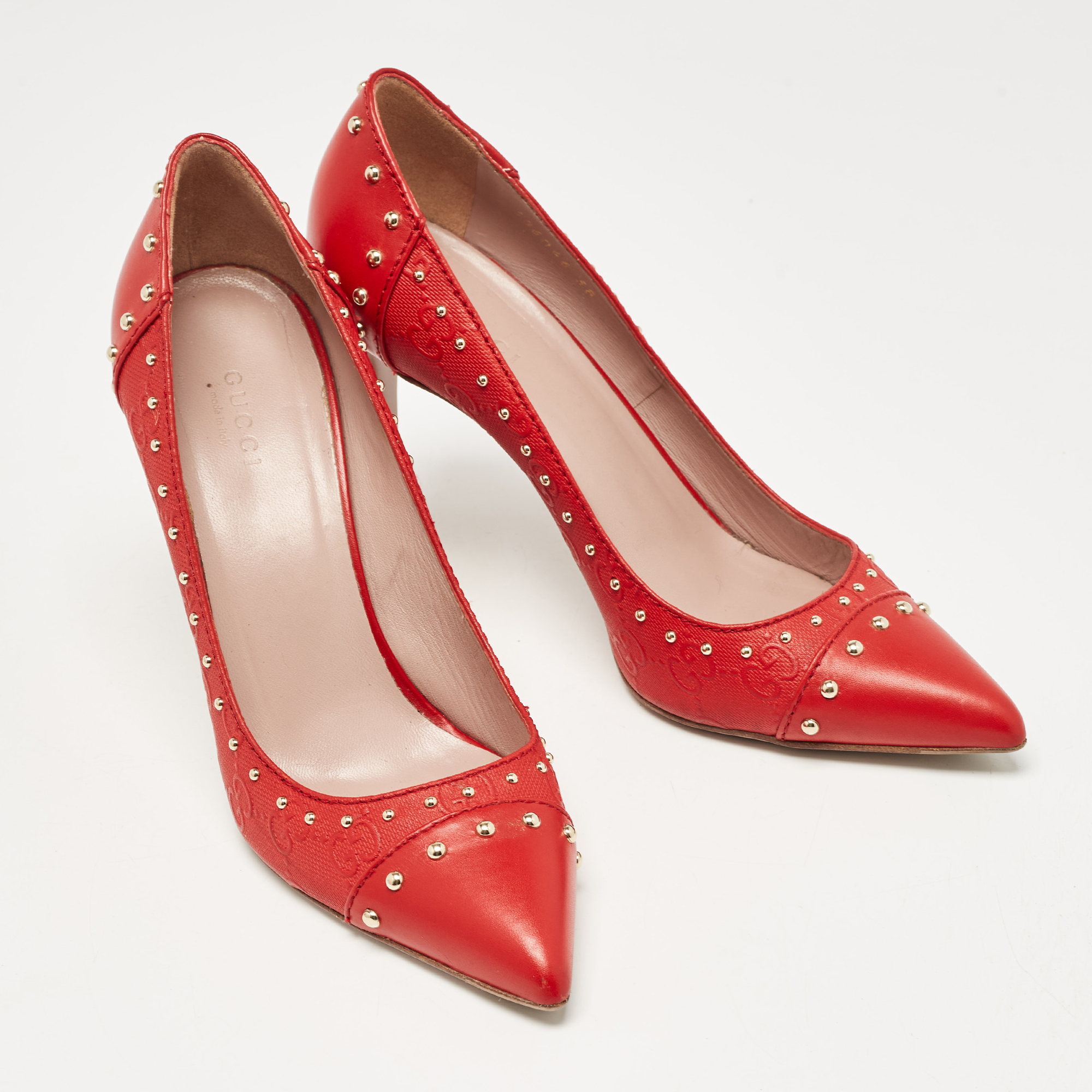 Gucci Red Leather Studded Pointed Toe Pumps Size 38 