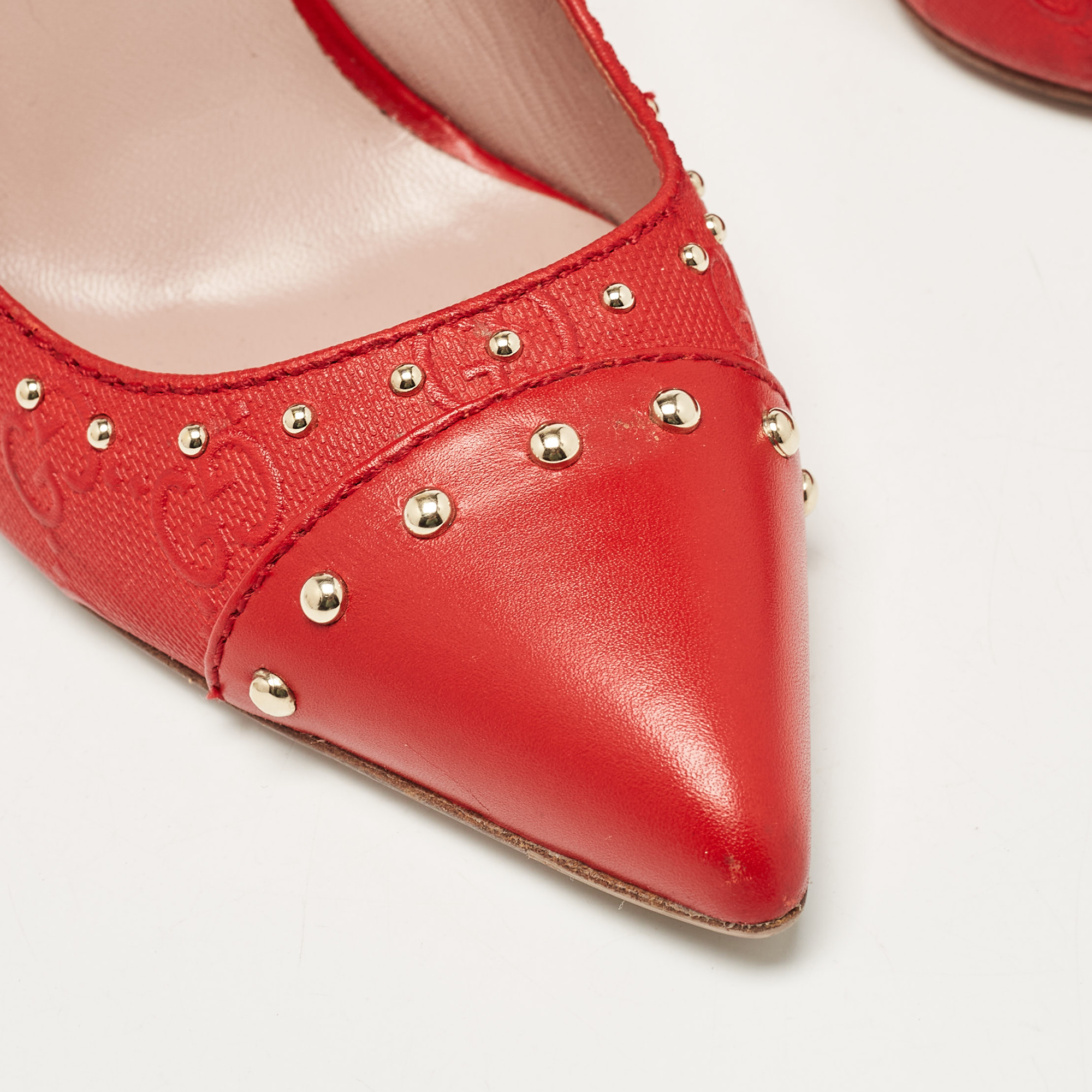 Gucci Red Leather Studded Pointed Toe Pumps Size 38 