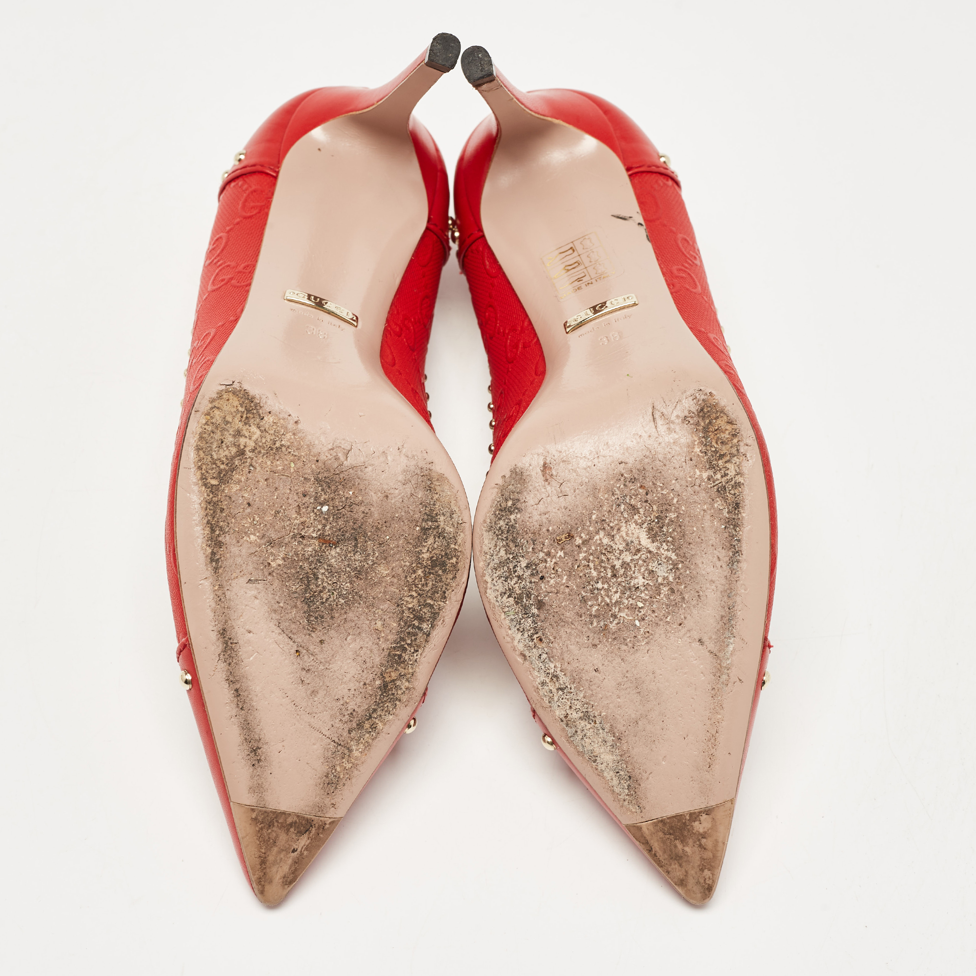 Gucci Red Leather Studded Pointed Toe Pumps Size 38 