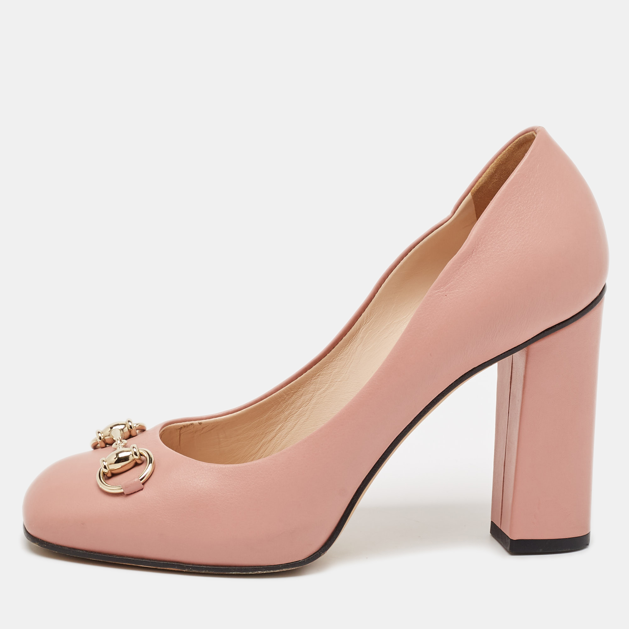 

Gucci Pink Leather Jolene Block Heel Pumps Size