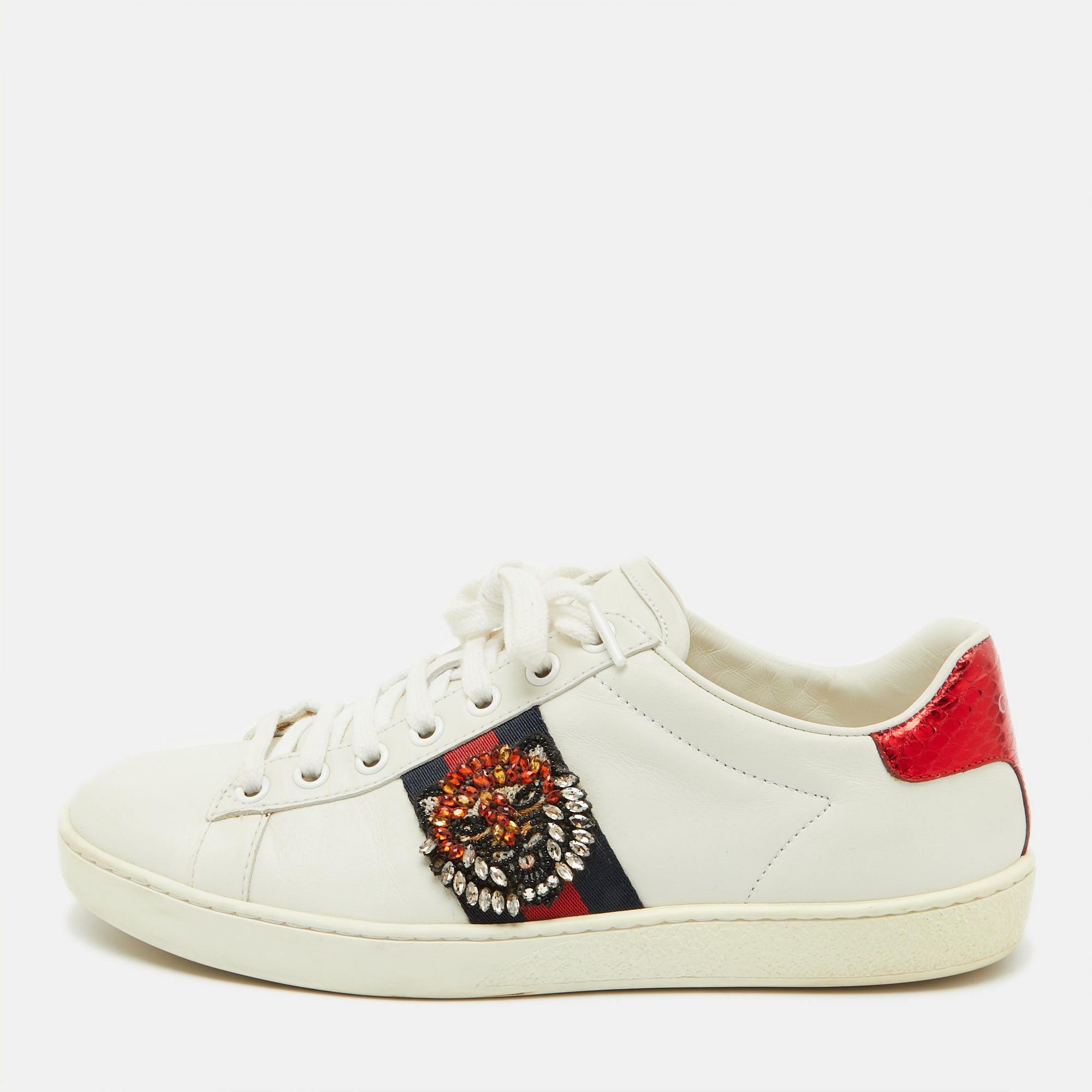 

Gucci White Leather and Snakeskin Embossed Ace Web Lace Up Sneakers Size