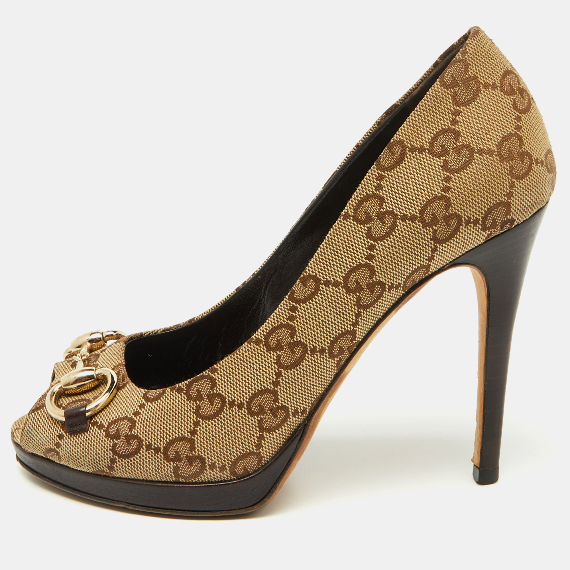 

Gucci Brown Canvas and Leather New Hollywood Peep Toe Pumps Size