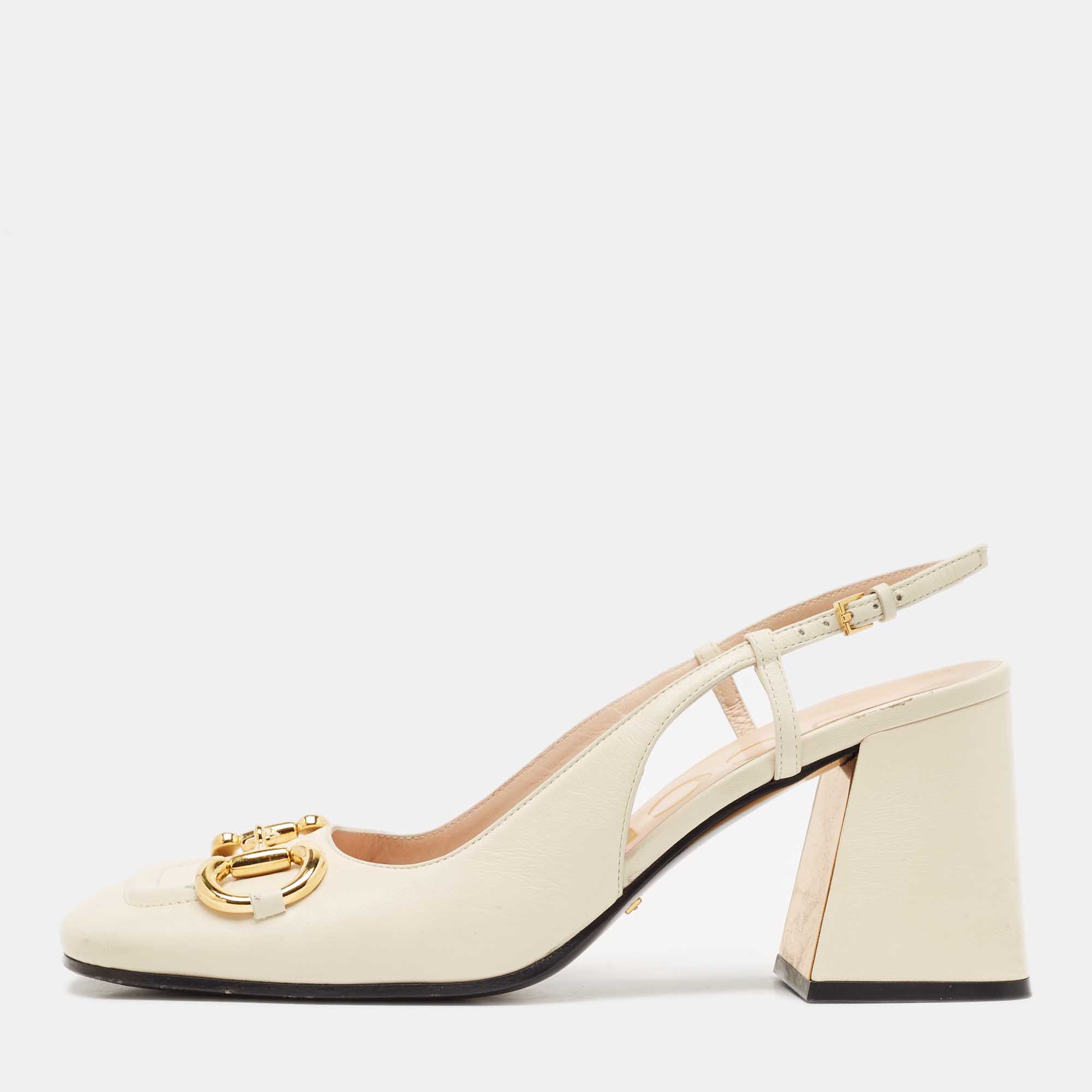 

Gucci Cream Leather Horsebit Slingback Pumps Size