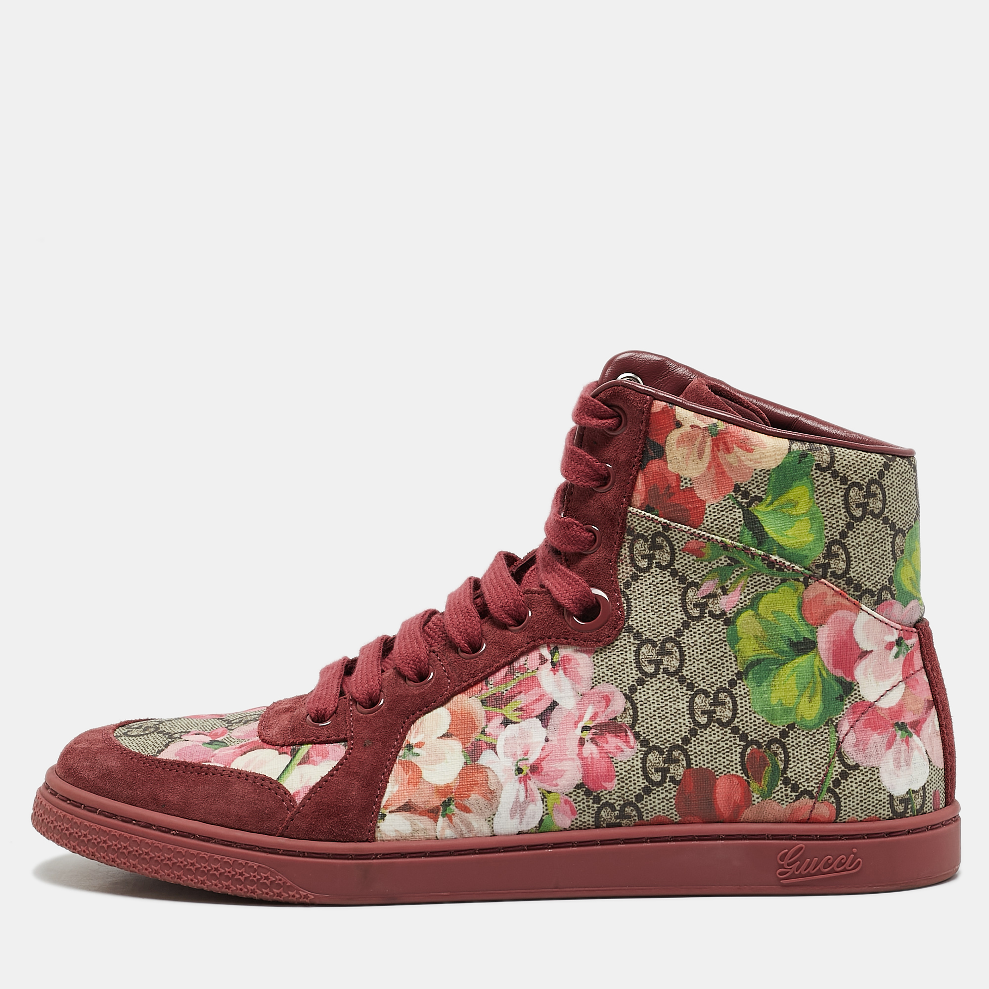 

Gucci Multicolor GG Floral Canvas And Suede Leather High Top Sneakers Size