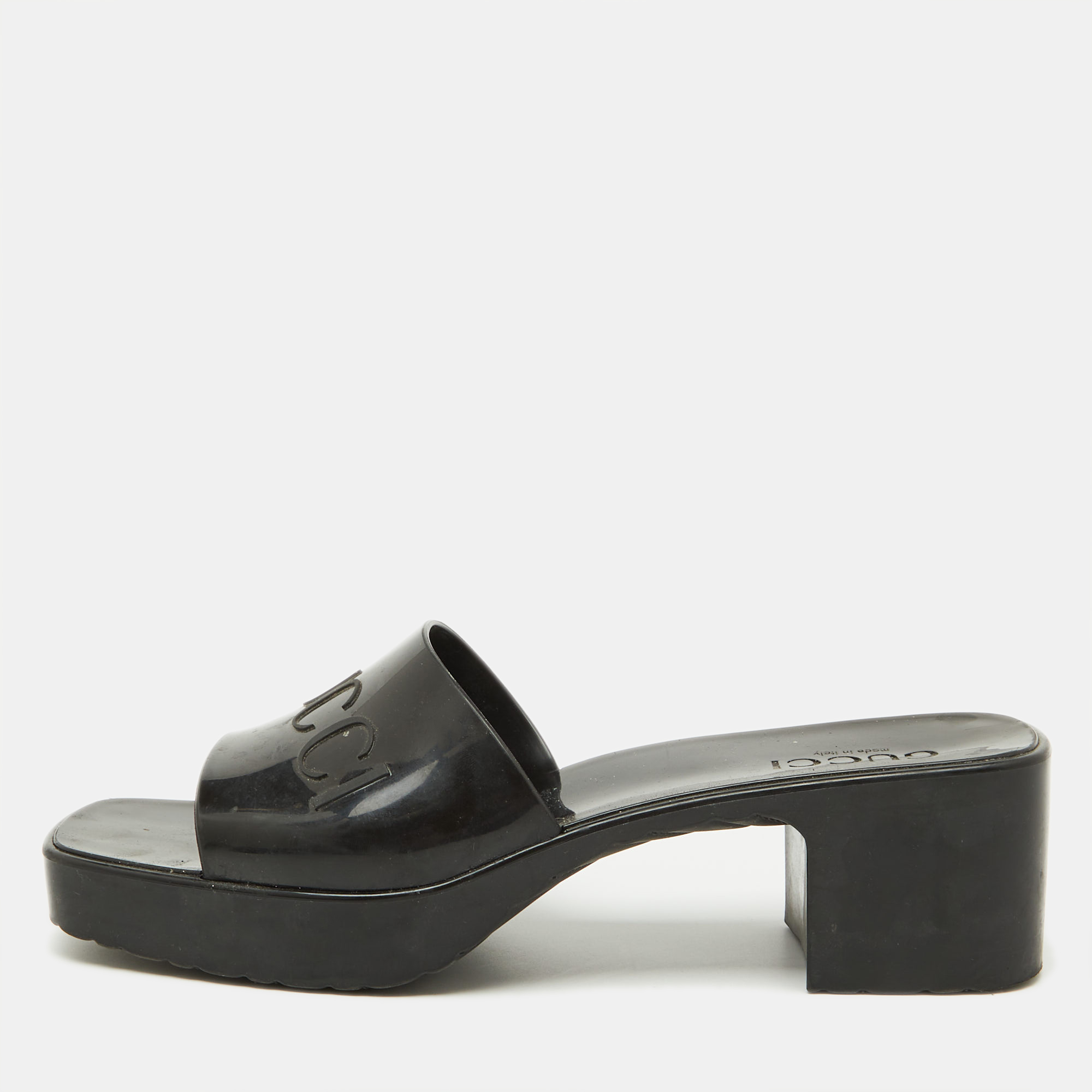 

Gucci Black Rubber Logo Embossed Platform Slide Sandals Size