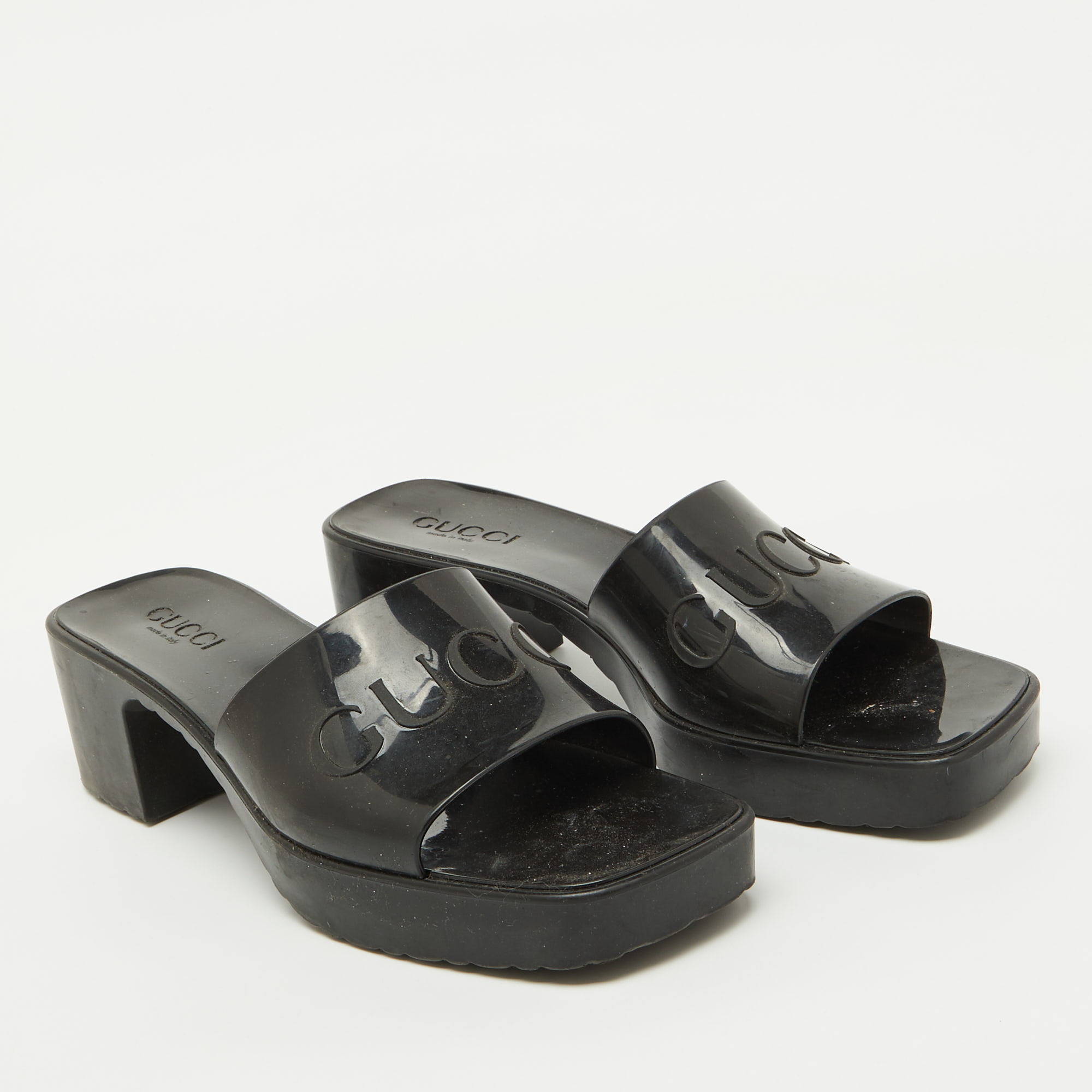 Gucci Black Rubber Logo Embossed Platform Slide Sandals Size 41 