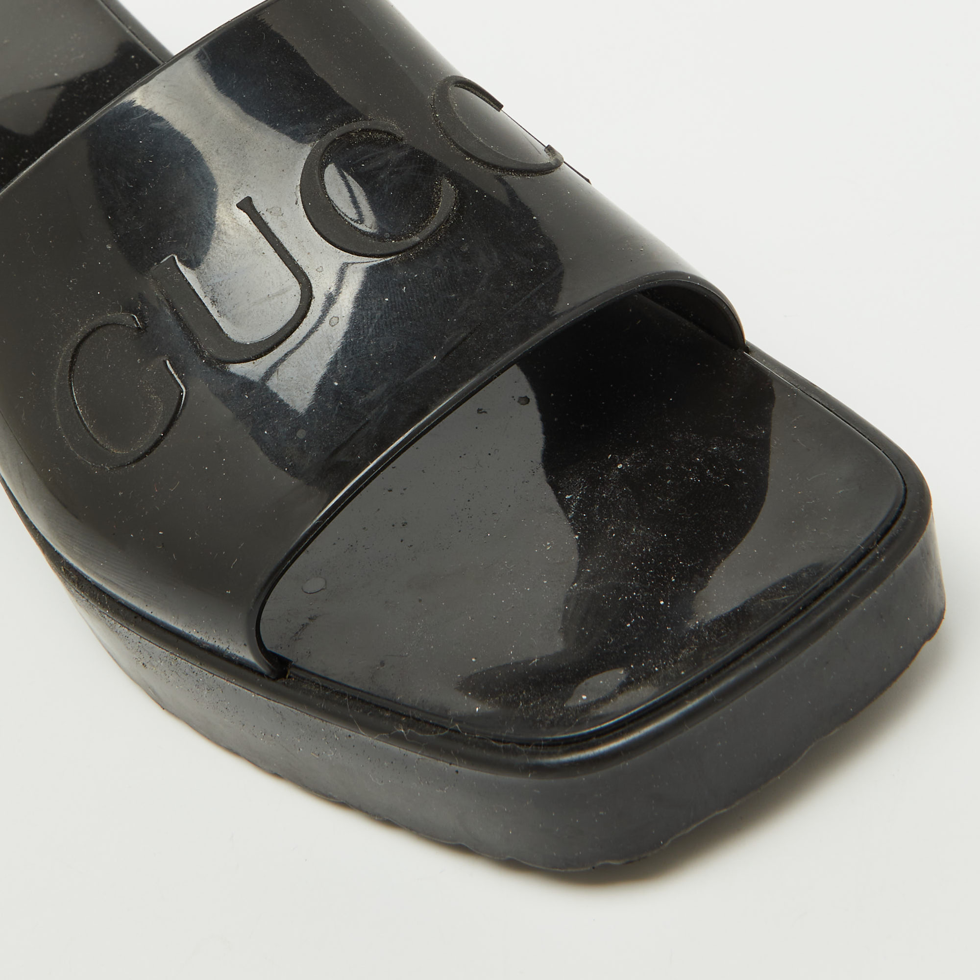 Gucci Black Rubber Logo Embossed Platform Slide Sandals Size 41 
