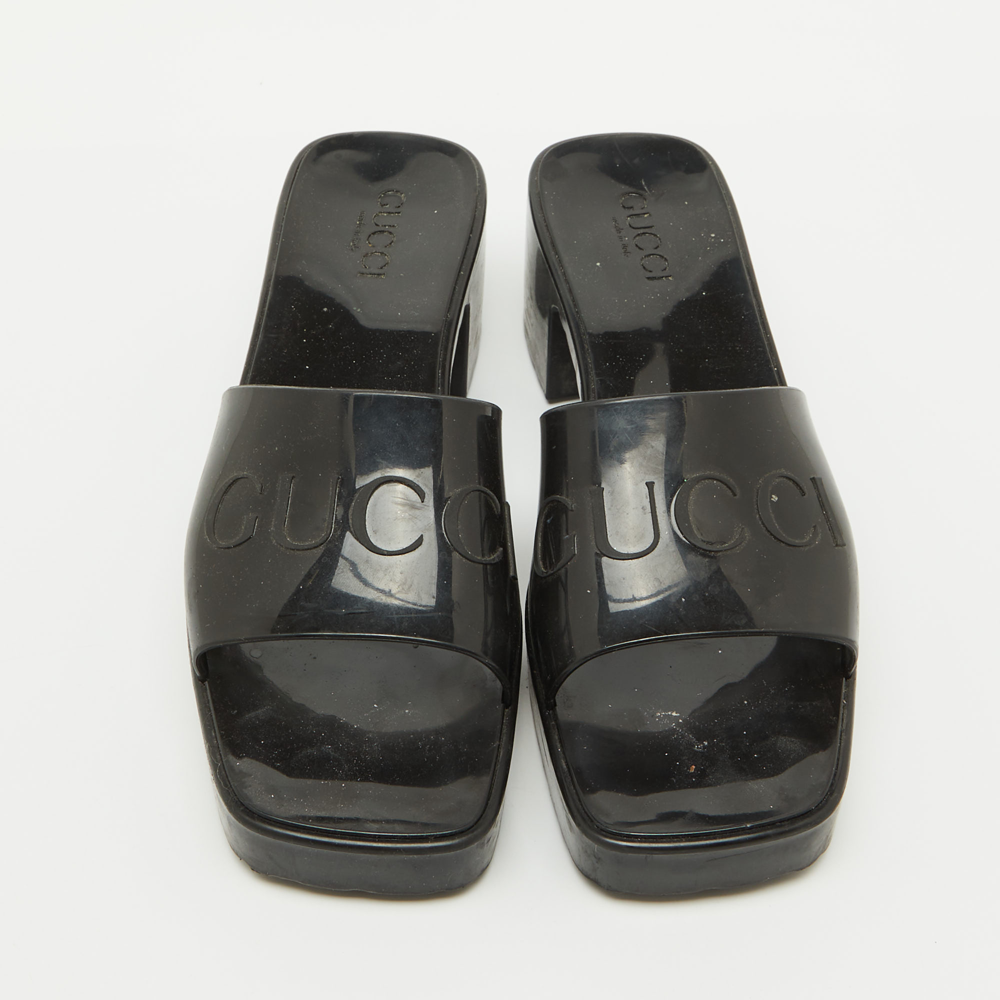 Gucci Black Rubber Logo Embossed Platform Slide Sandals Size 41 