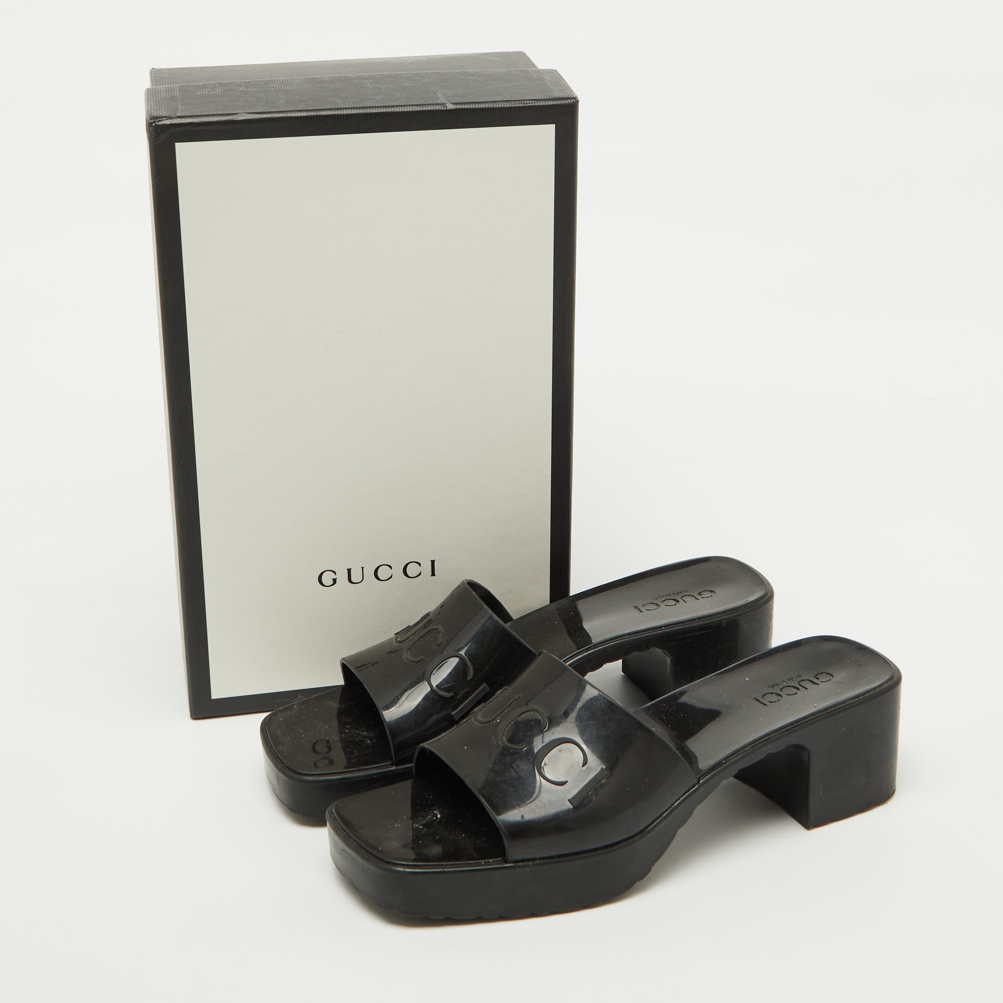 Gucci Black Rubber Logo Embossed Platform Slide Sandals Size 41 