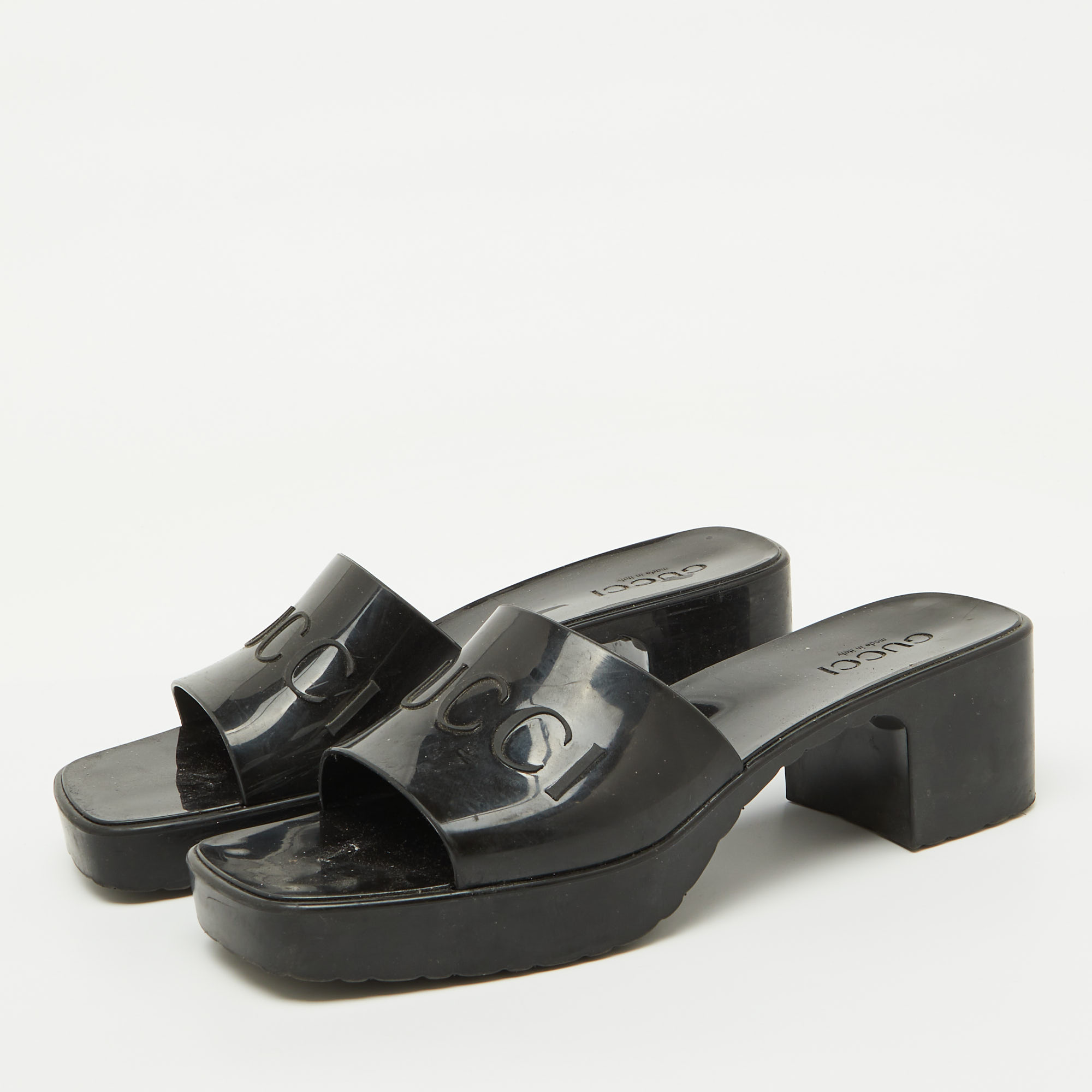 Gucci Black Rubber Logo Embossed Platform Slide Sandals Size 41 