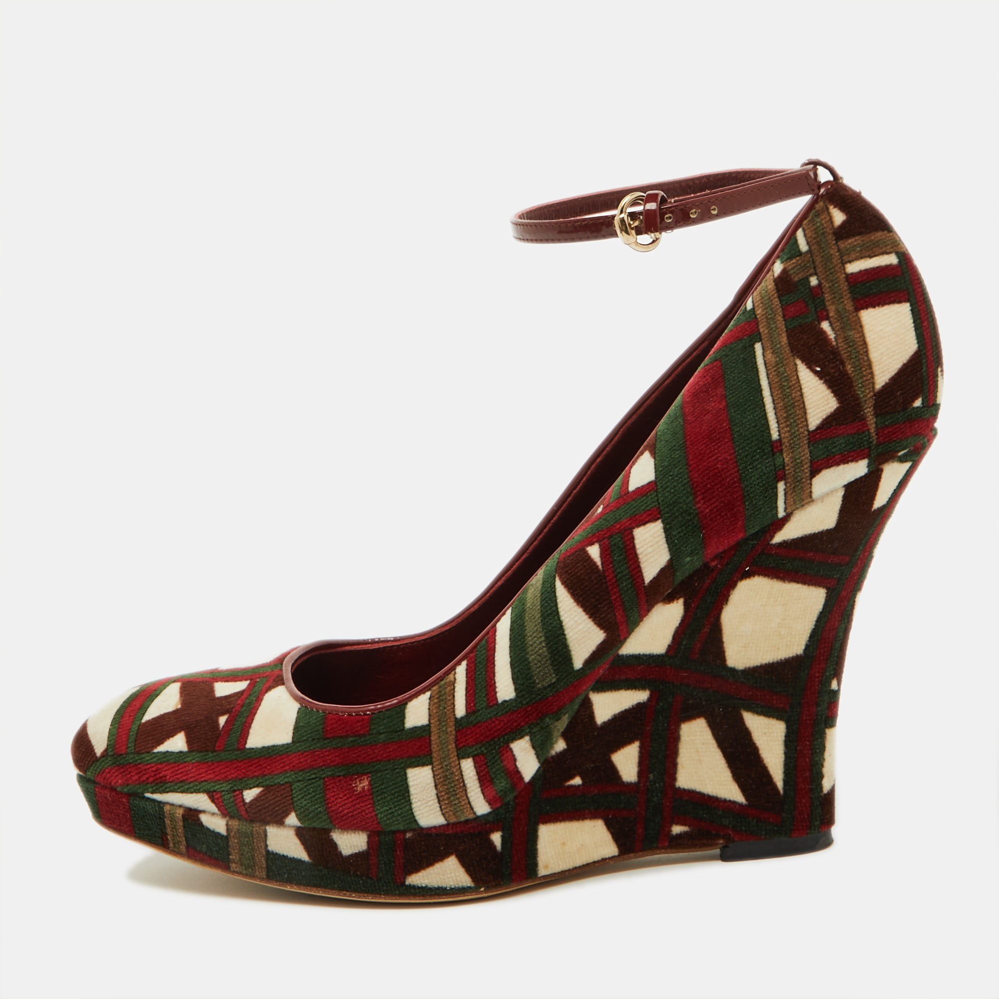 

Gucci Multicolor Pattern Velvet Platform Wedge Pumps Size