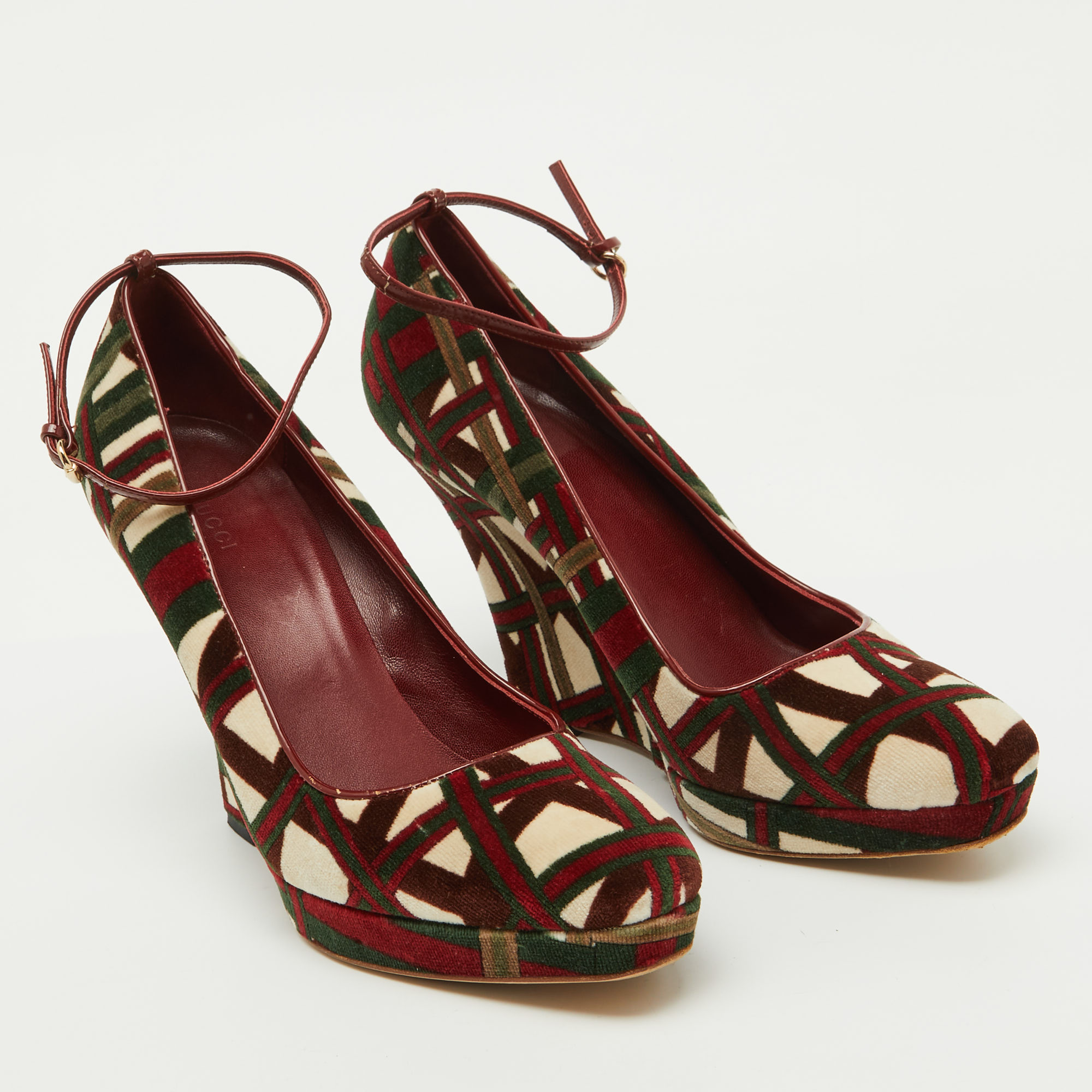 Gucci Multicolor Pattern Velvet Platform Wedge Pumps Size 39.5 