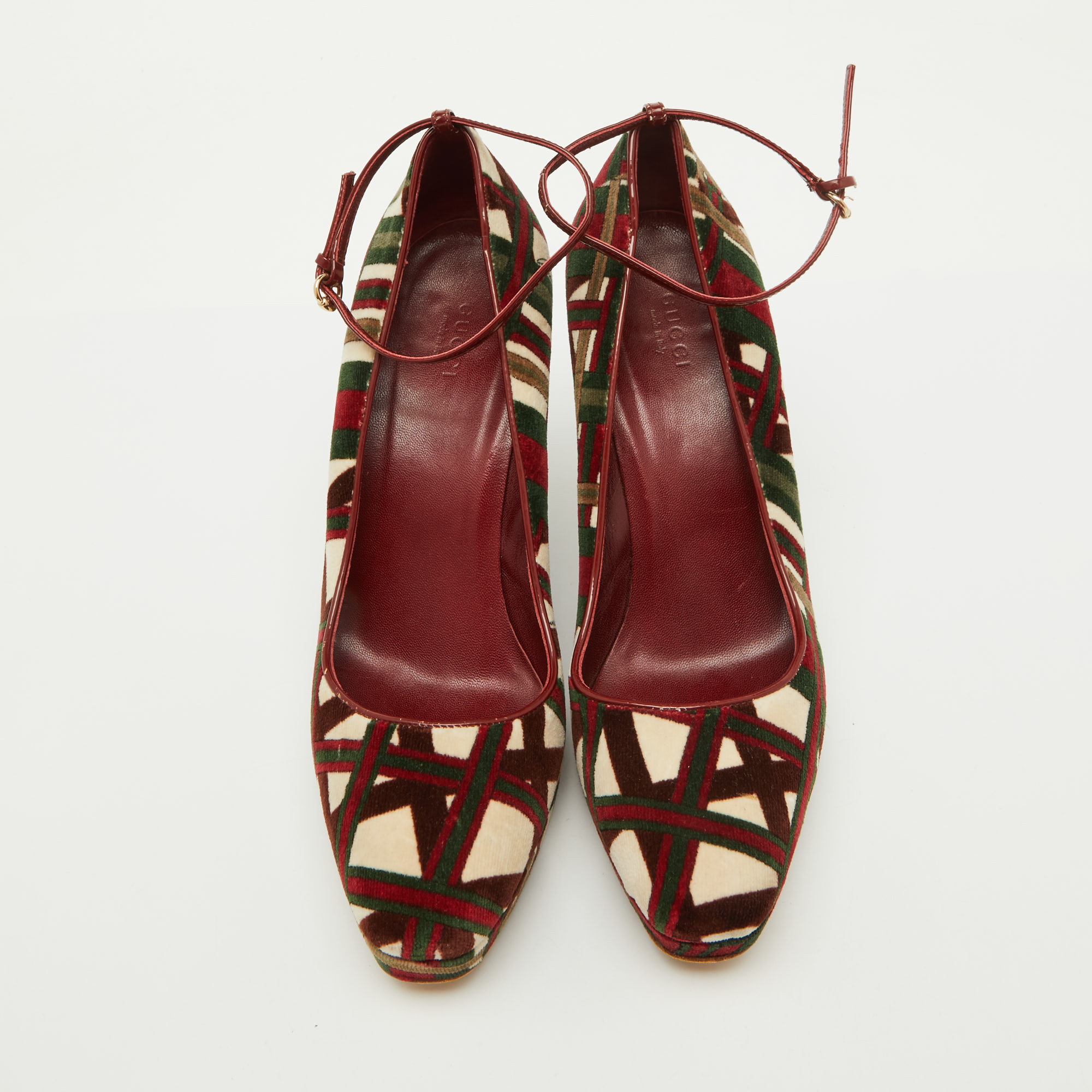 Gucci Multicolor Pattern Velvet Platform Wedge Pumps Size 39.5 