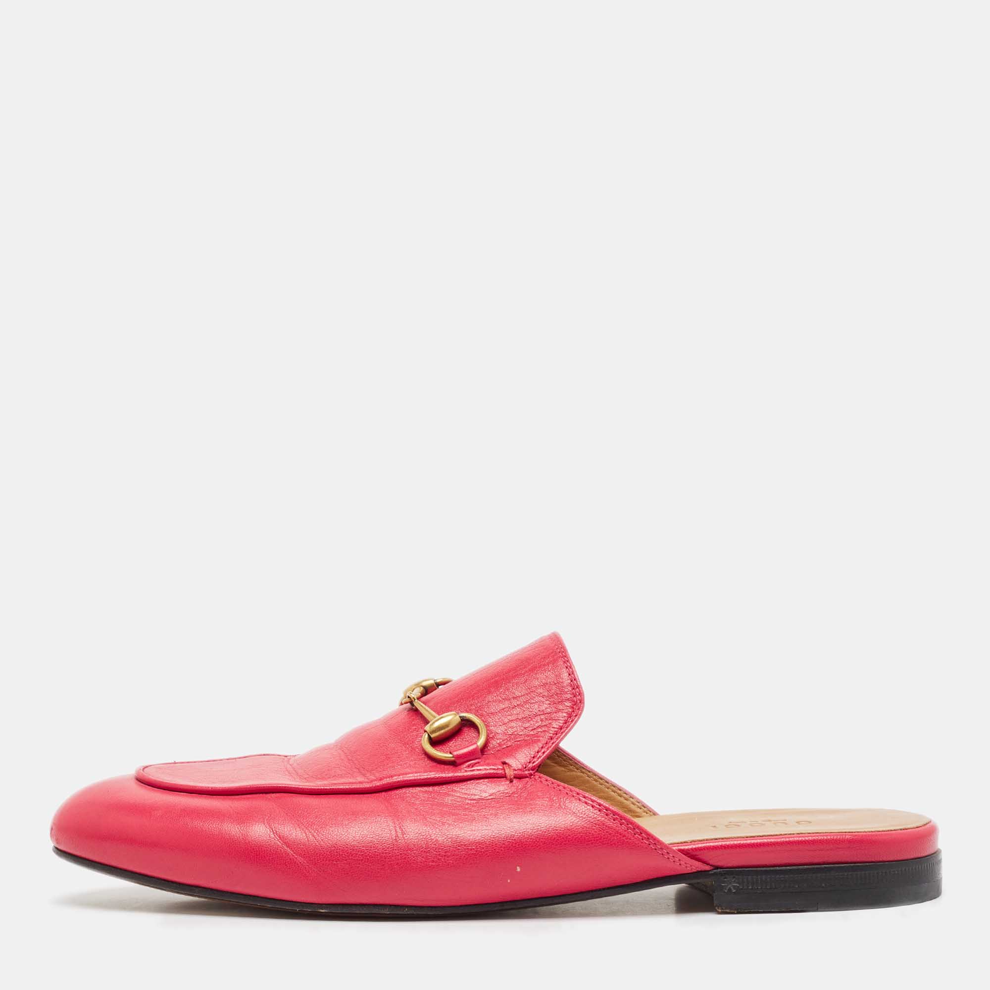 

Gucci Pink Leather Princetown Flat Mules Size