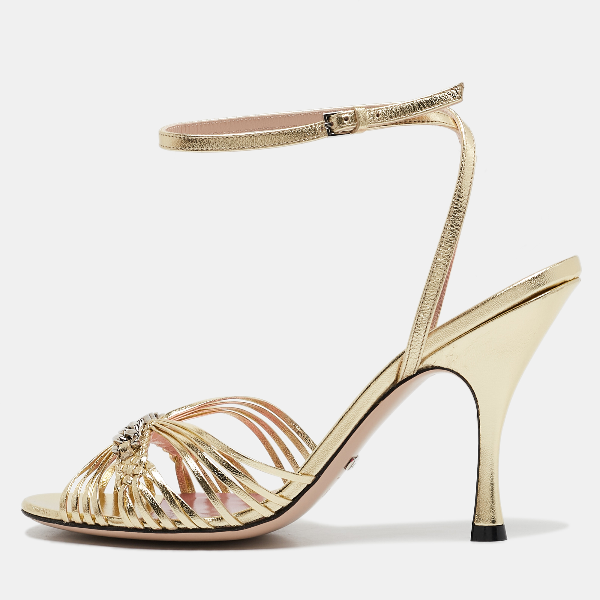 

Gucci Gold Leather GG Chain Embellished Ankle Strap Sandals Size